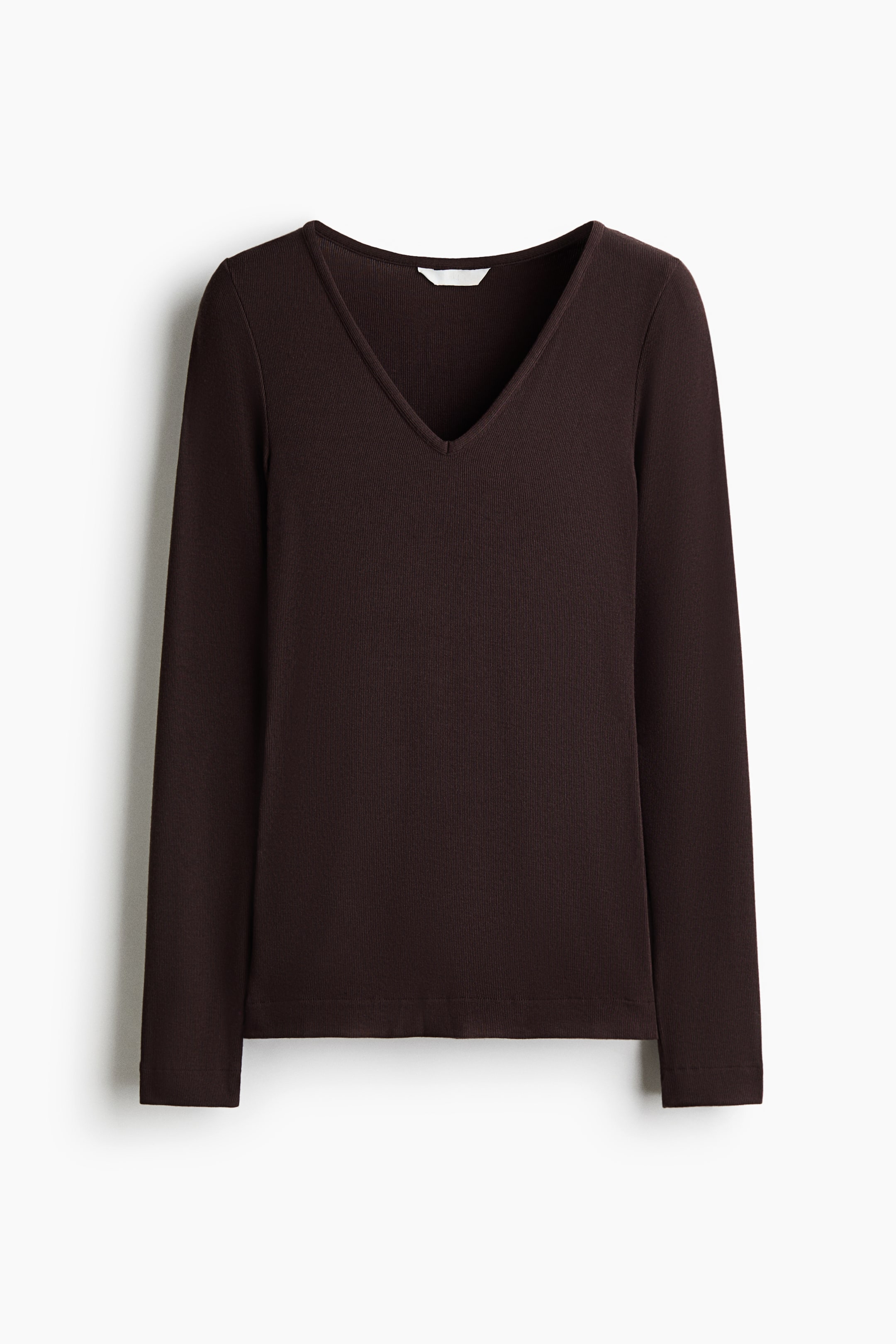View larger image: A dark brown, long-sleeved top is shown from the front, featuring a V-neckline and a straight-cut hem in a finely ribbed knit fabric.