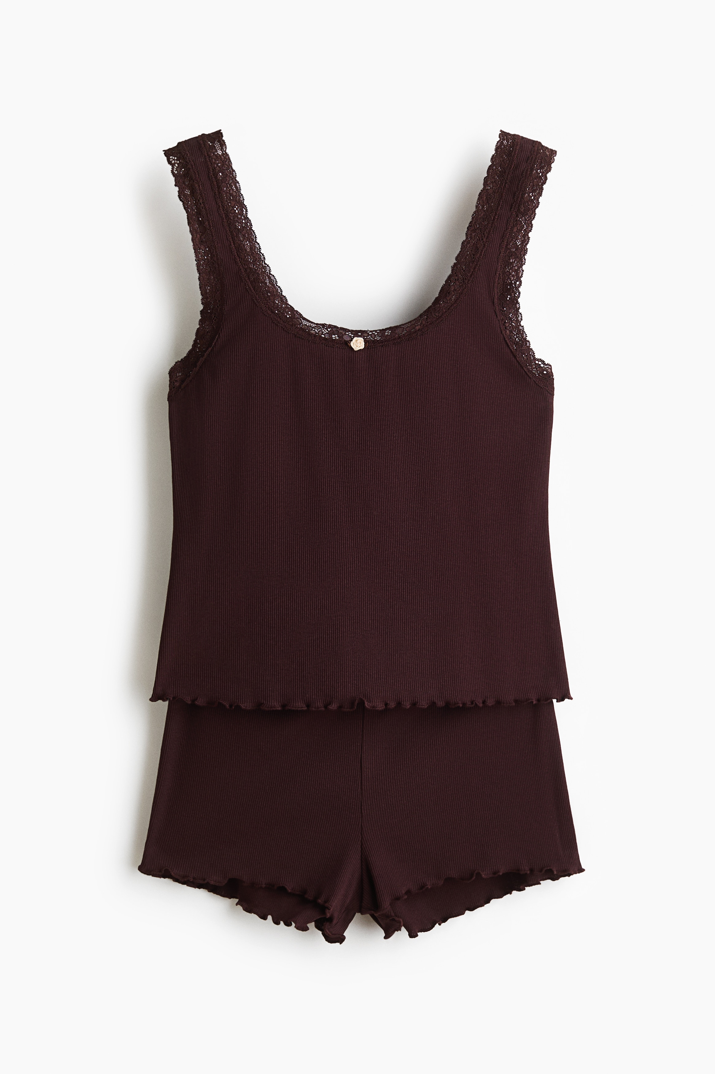 Lace-trimmed ribbed pyjamas - Dark brown/Light blue/Floral