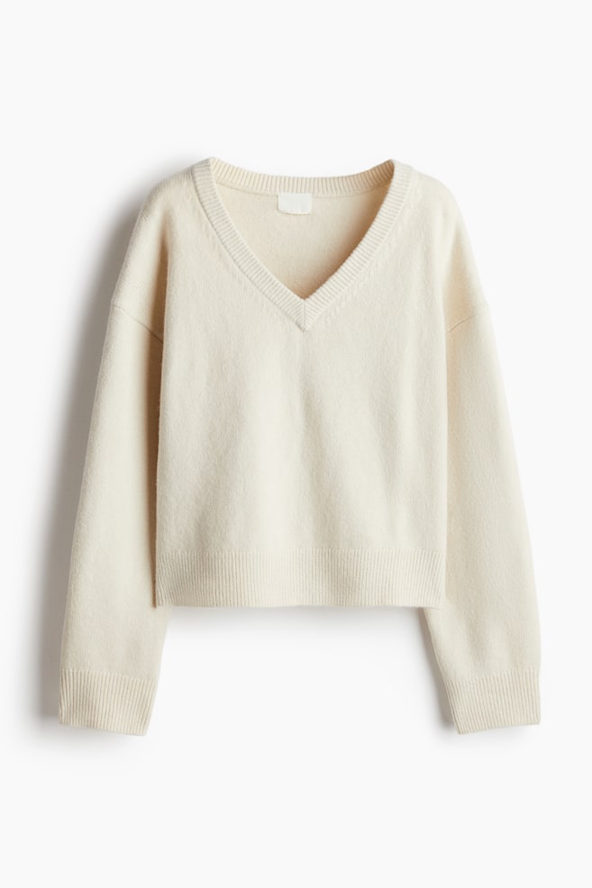 V-neck jumper - Light beige/Dark grey/Dark brown - 1