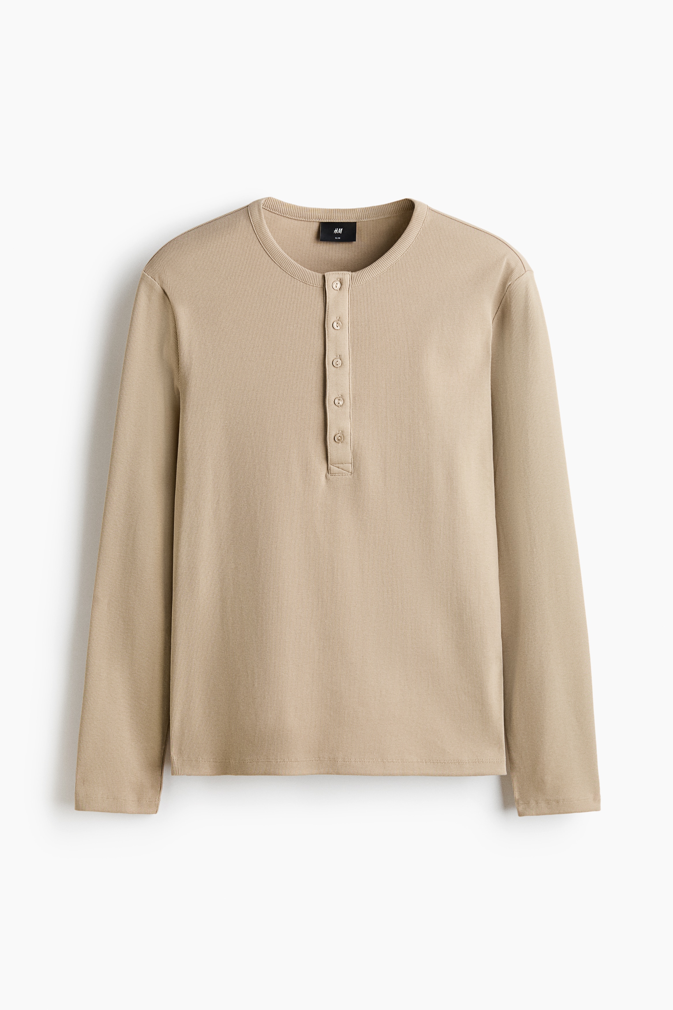 Slim Fit Ribbed Henley shirt - Beige/Dark khaki green/Cream/Khaki green