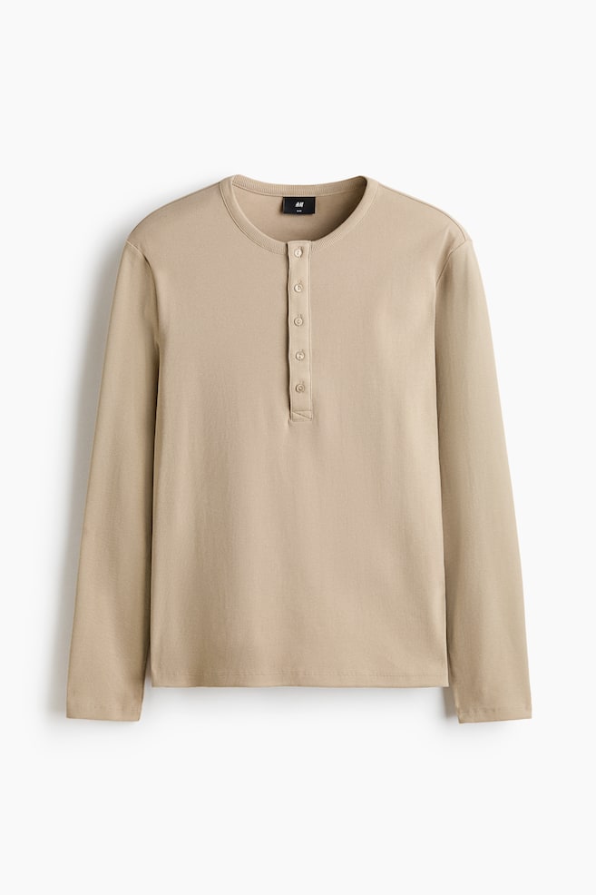 Slim Fit Ribbed Henley shirt - Beige/Dark khaki green/Cream/Khaki green - 1