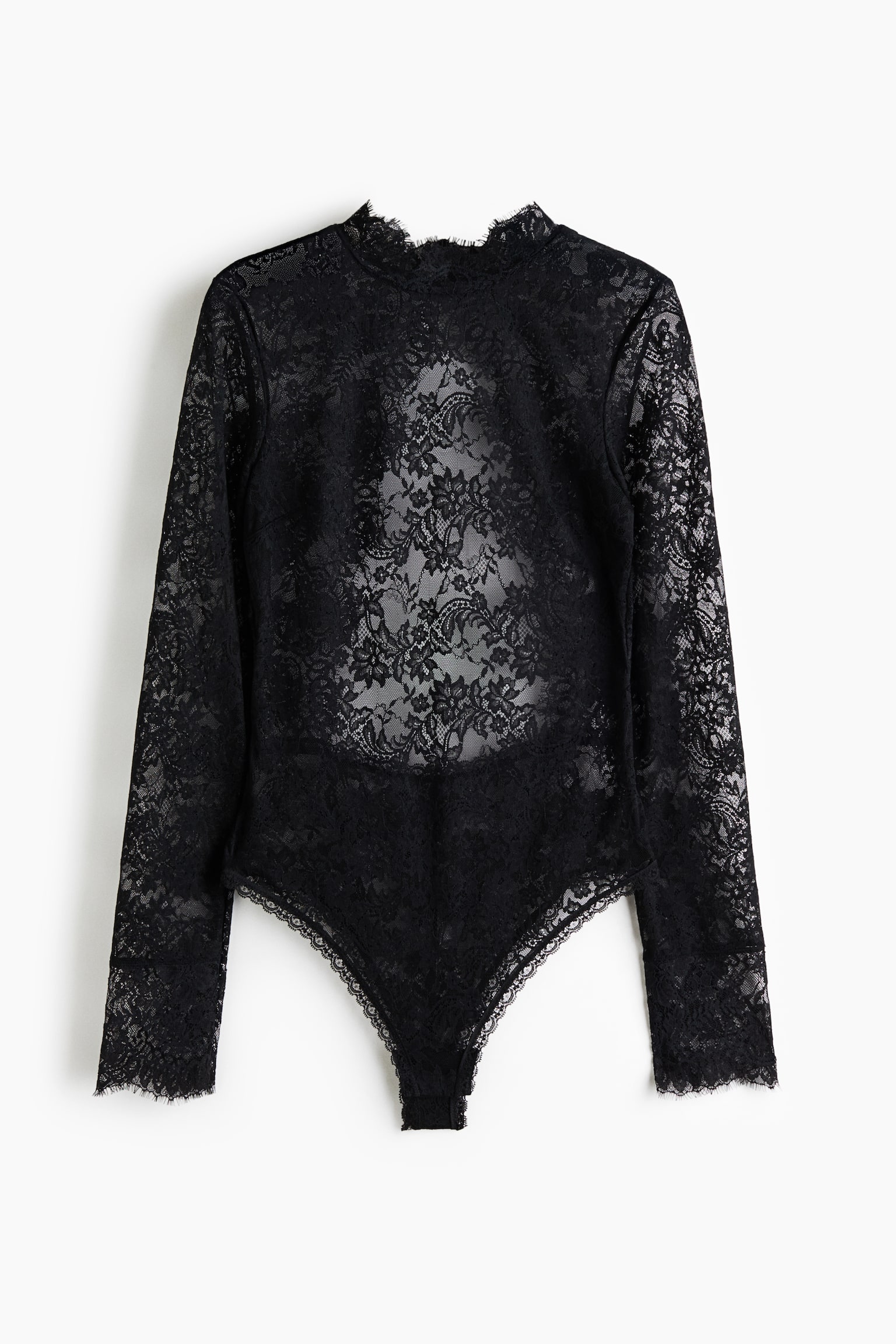 Ein schwarzer Spitzen-Bodysuit ist von vorn zu sehen und verfügt über transparente florale Spitze, lange Ãrmel und einen hohen Stehkragen. Zarte, gewellte Eyelash-Spitzenabschlüsse verzieren den Kragen, die Ãrmelbündchen und die Beinöffnungen. - 1