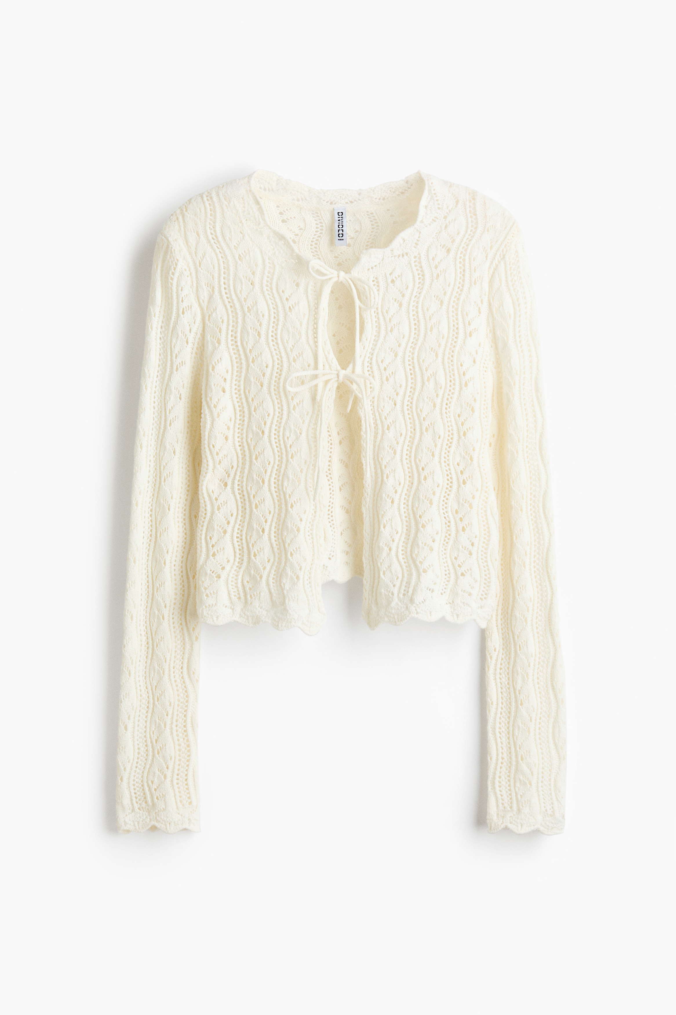 Gilet en maille pointelle avec liens à nouer - Crème/Marron foncé