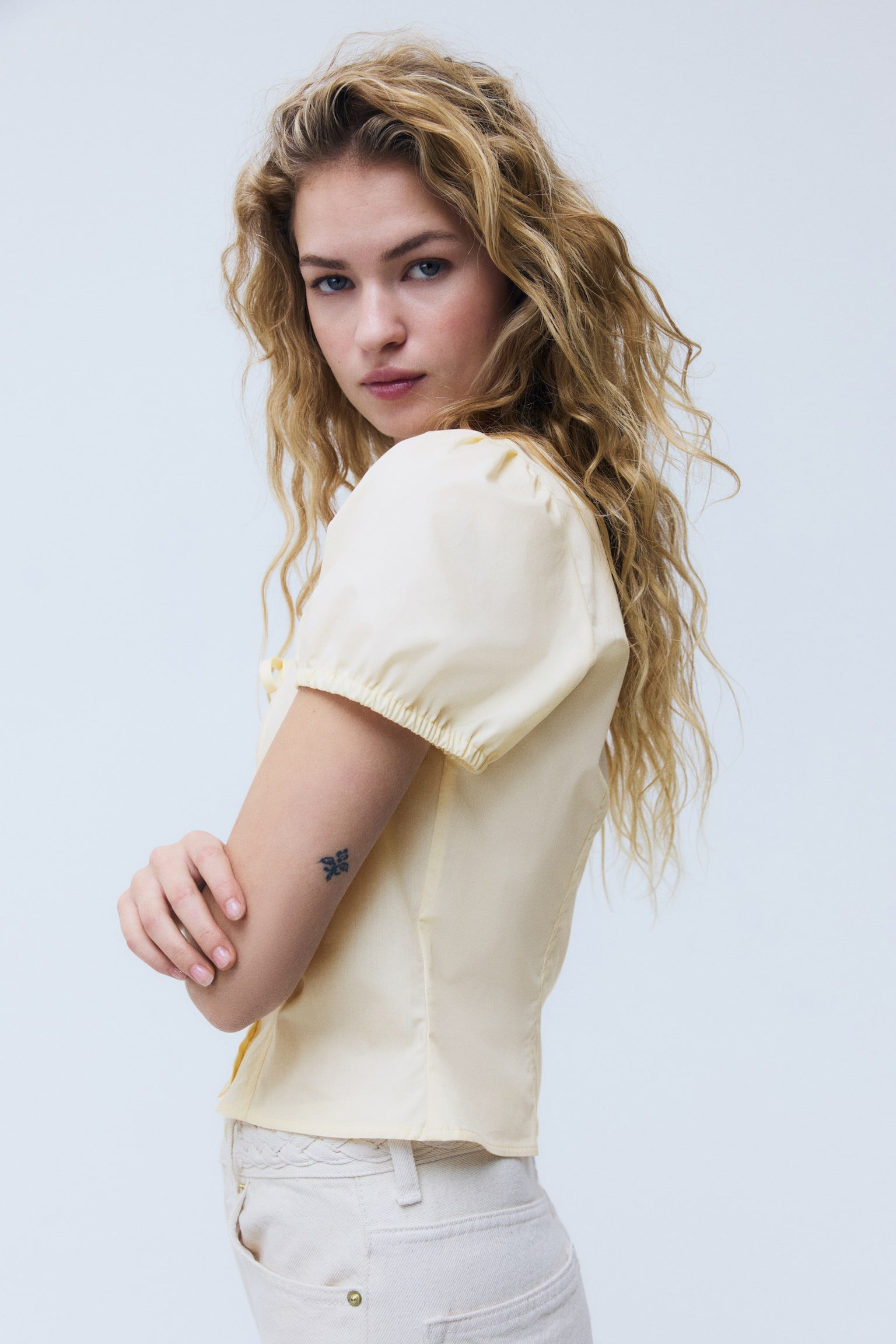 公主袖府綢女衫 - 淺黃色/淺藍色/條紋/White - 6