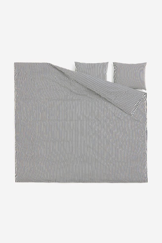 Cotton double/king duvet cover set - Black/Striped/Green/Striped/Light greige/White striped/Light blue/Striped - 3