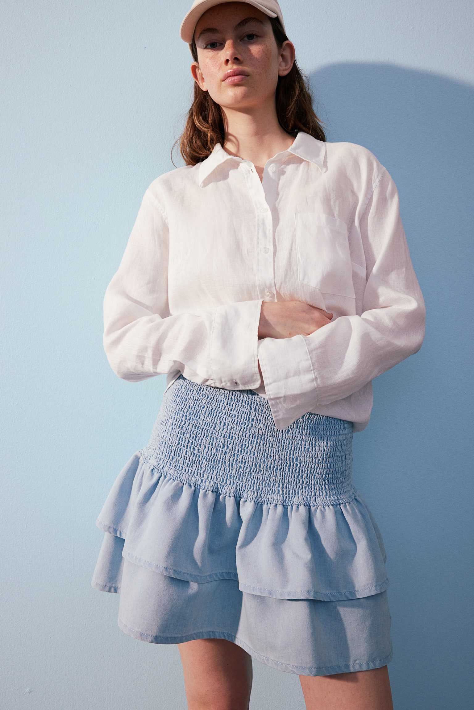 Smock Waist Tiered Skirt - Light denim blue/Cream/Black pattern/Dark blue/White stripe - 6