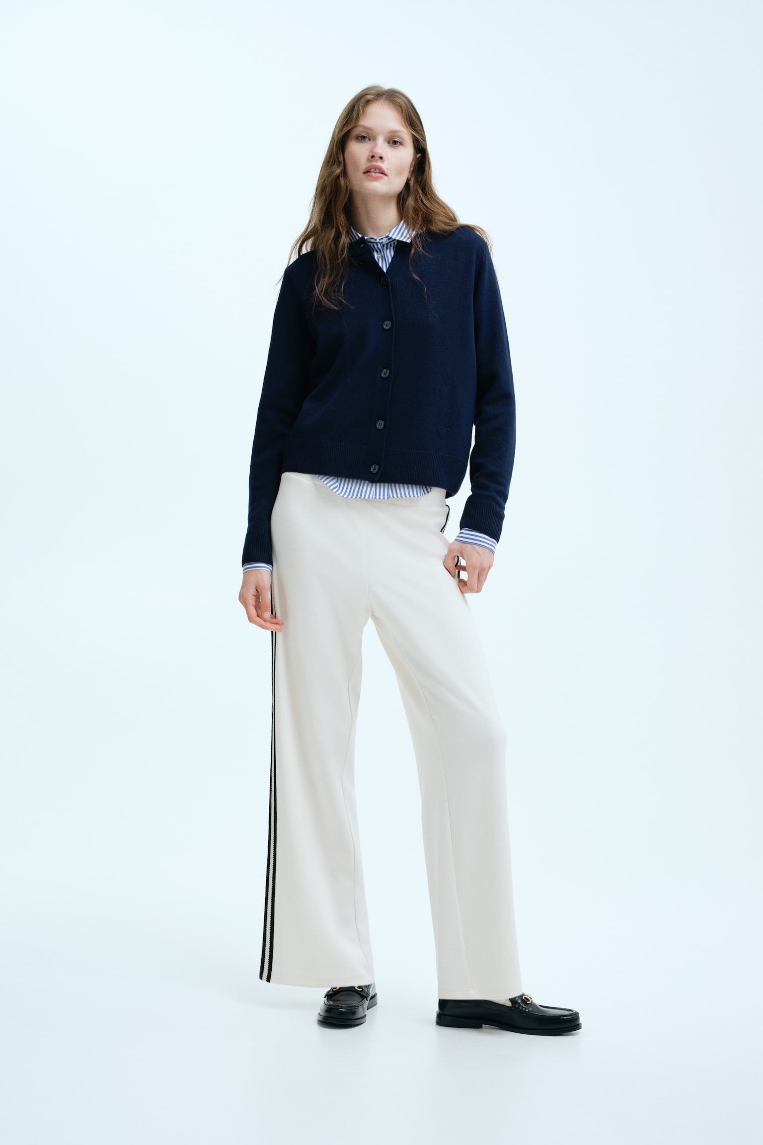 Cardigan in maglia fine - Blu navy/Beige chiaro - 6