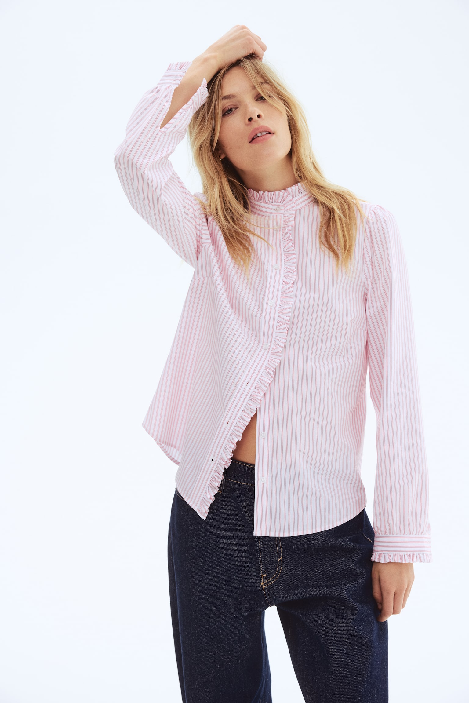 Frill-trimmed poplin blouse - White/Red striped/Light pink/Blue/Striped - 3