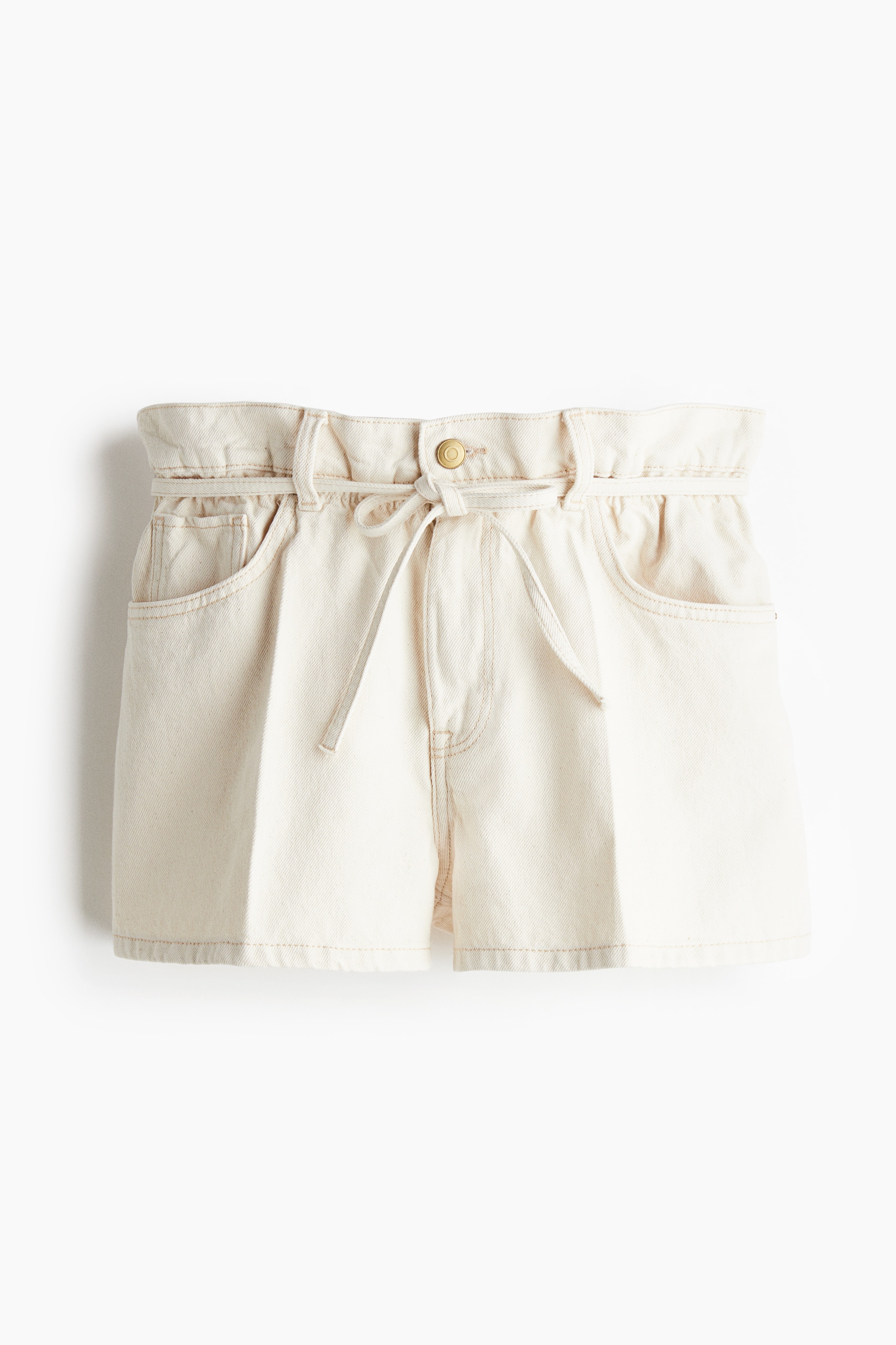 High-Rise Paper-Bag Denim Shorts - Cream