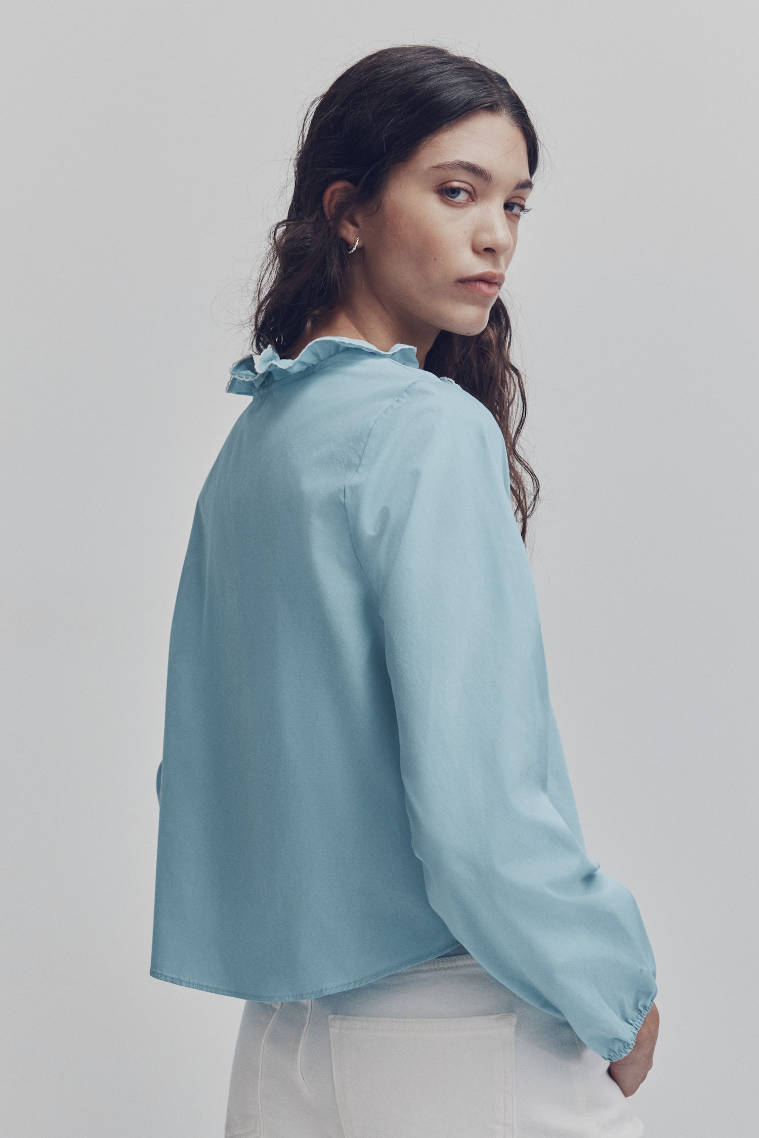 Blusa con olanes en popelina de algodón - Azul claro/Crema - 5