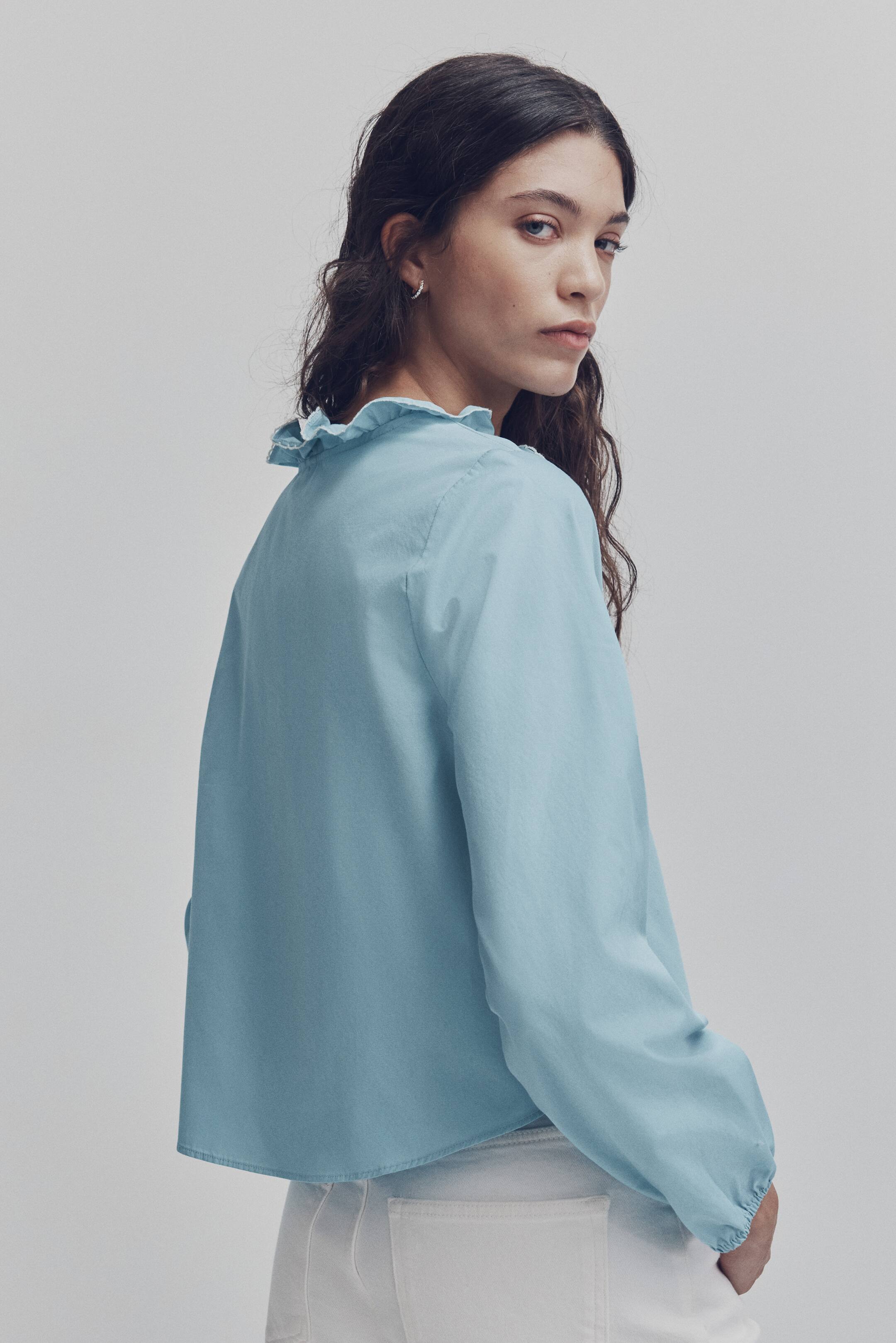 Ampliar la imagen: Blusa con olanes en popelina de algodón - Azul claro - Ladies | H&M MX 4