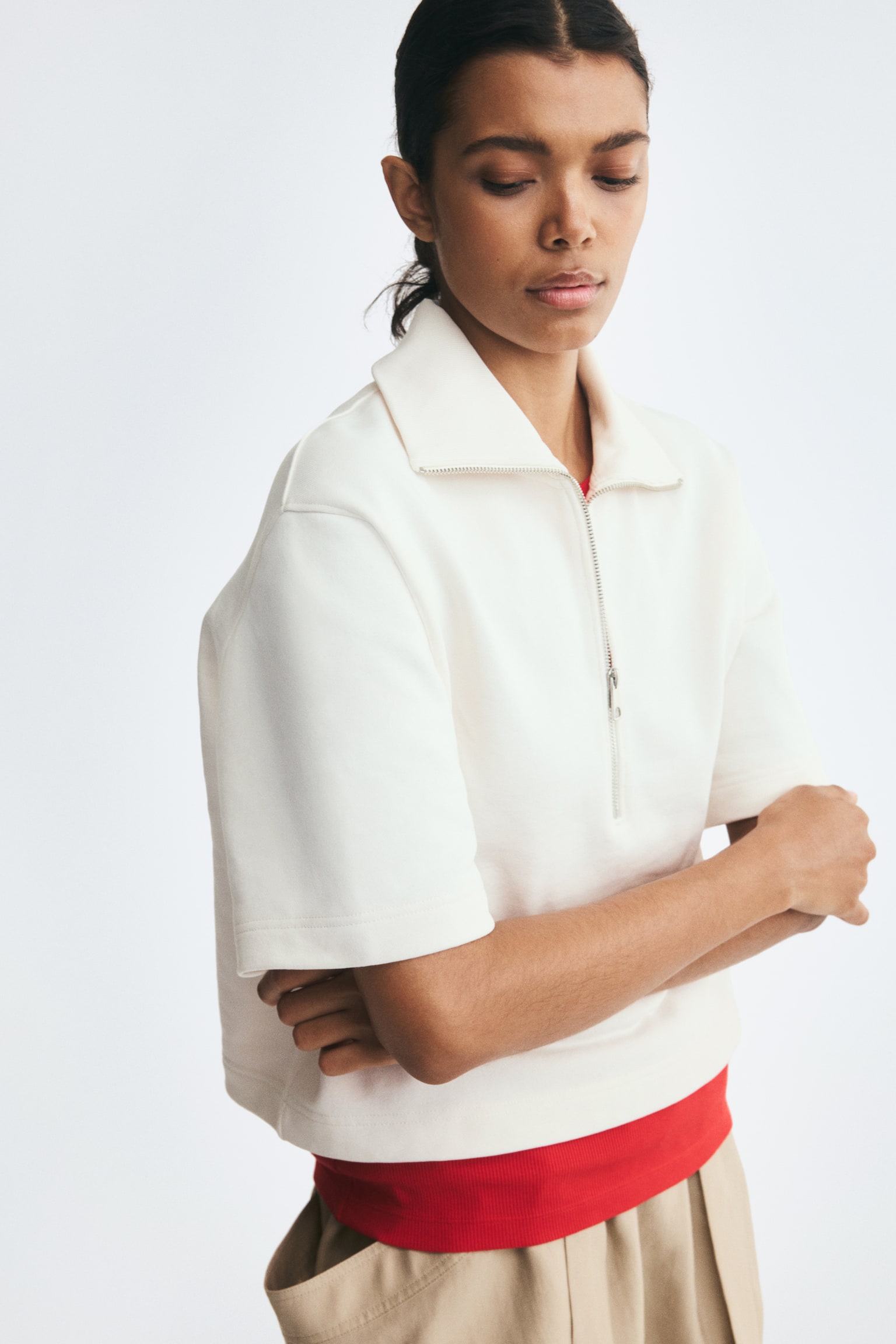 Женское поло H&M Cotton Half-Zip Polo Shirt, цвет: Кремовый — фото 5