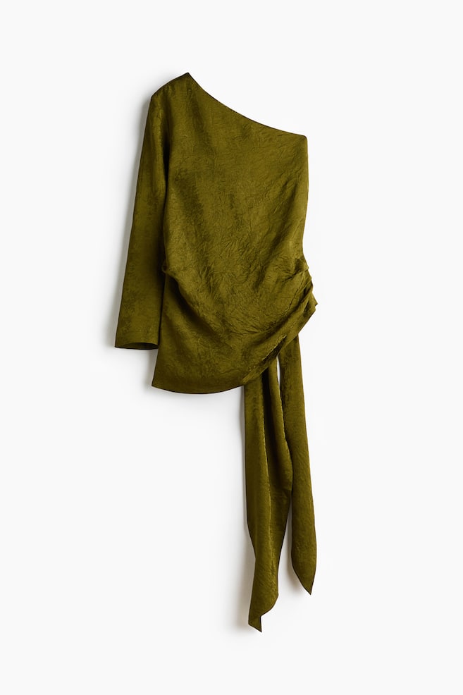 Jacquard-weave one-shoulder blouse - Golden olive - 1