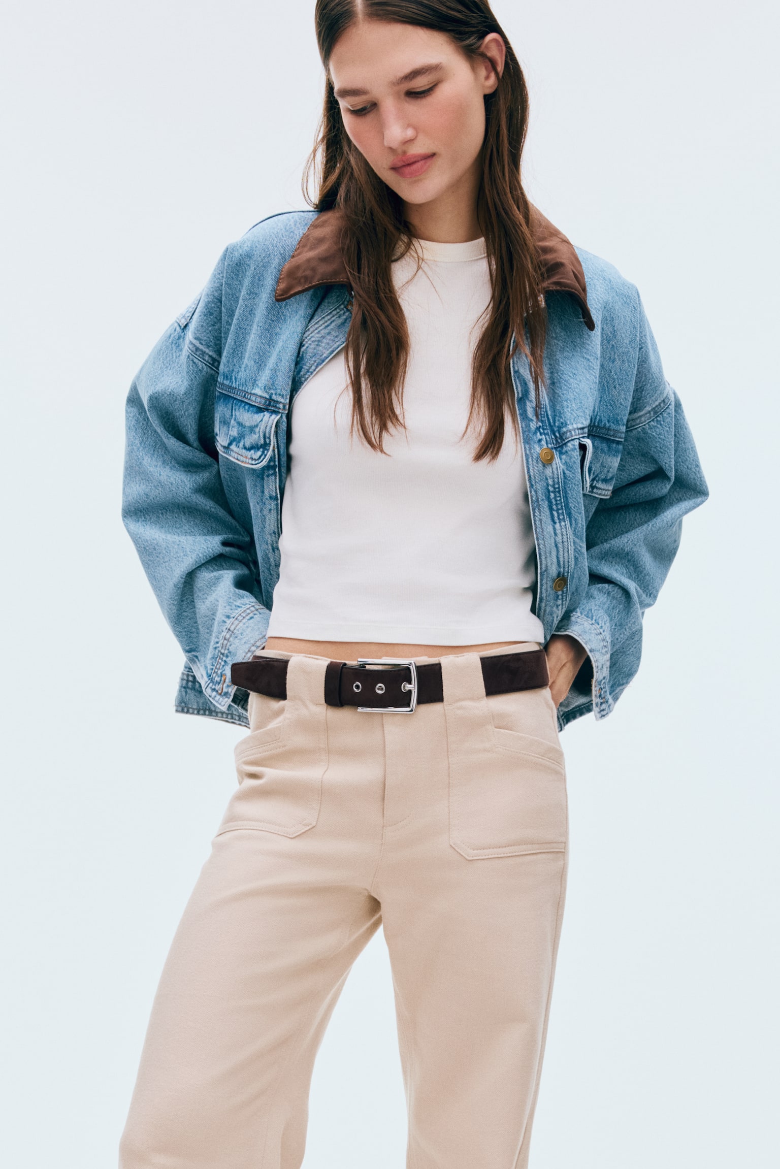 Wide twill trousers - Beige/Black/Khaki green - 6