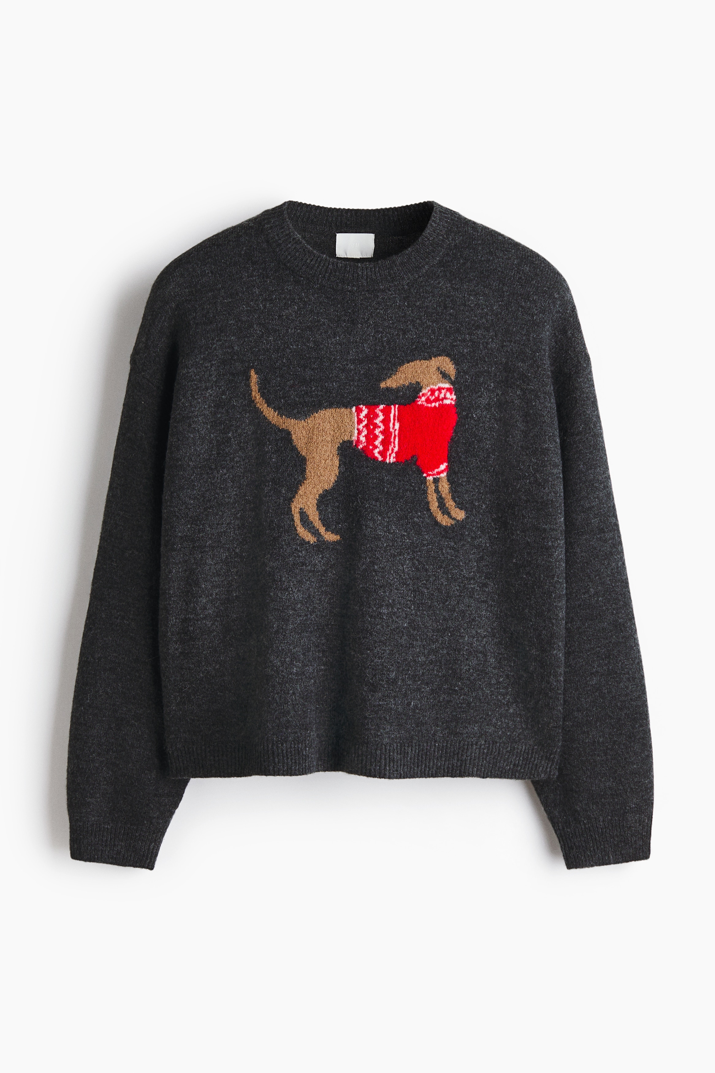 Oversized jacquard-knit jumper - Dark grey marl/Dog/Red/Patterned