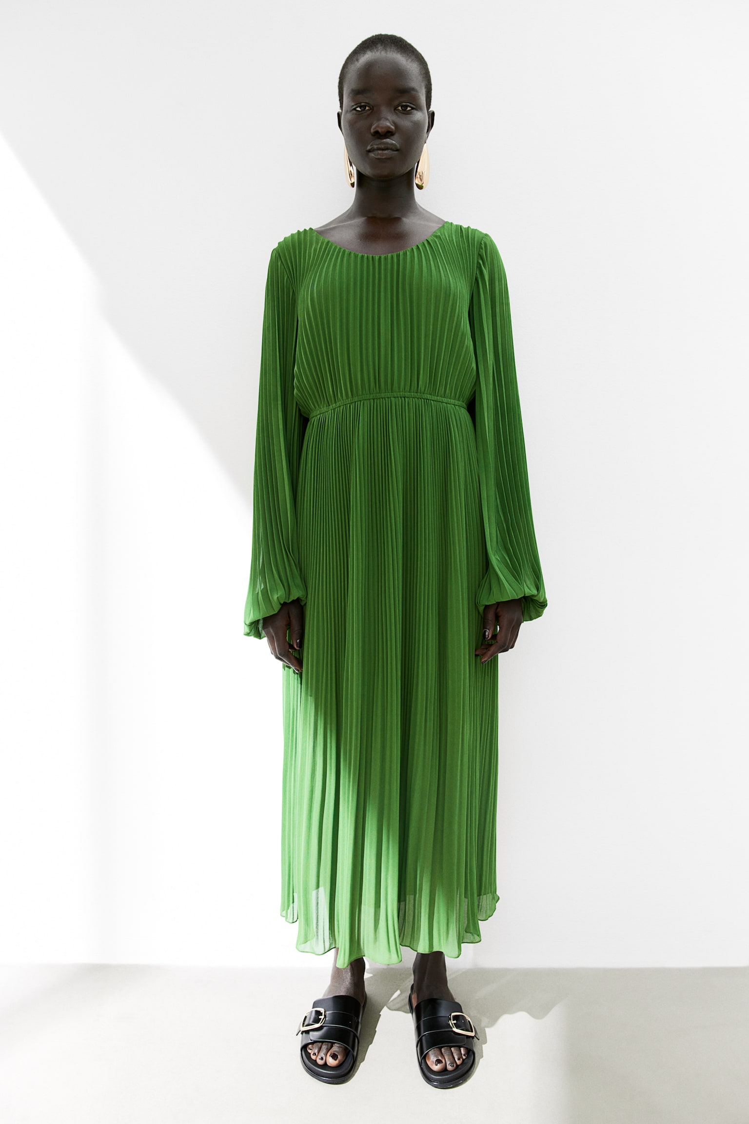 Pleated Chiffon Dress - Green/Powder pink - 3