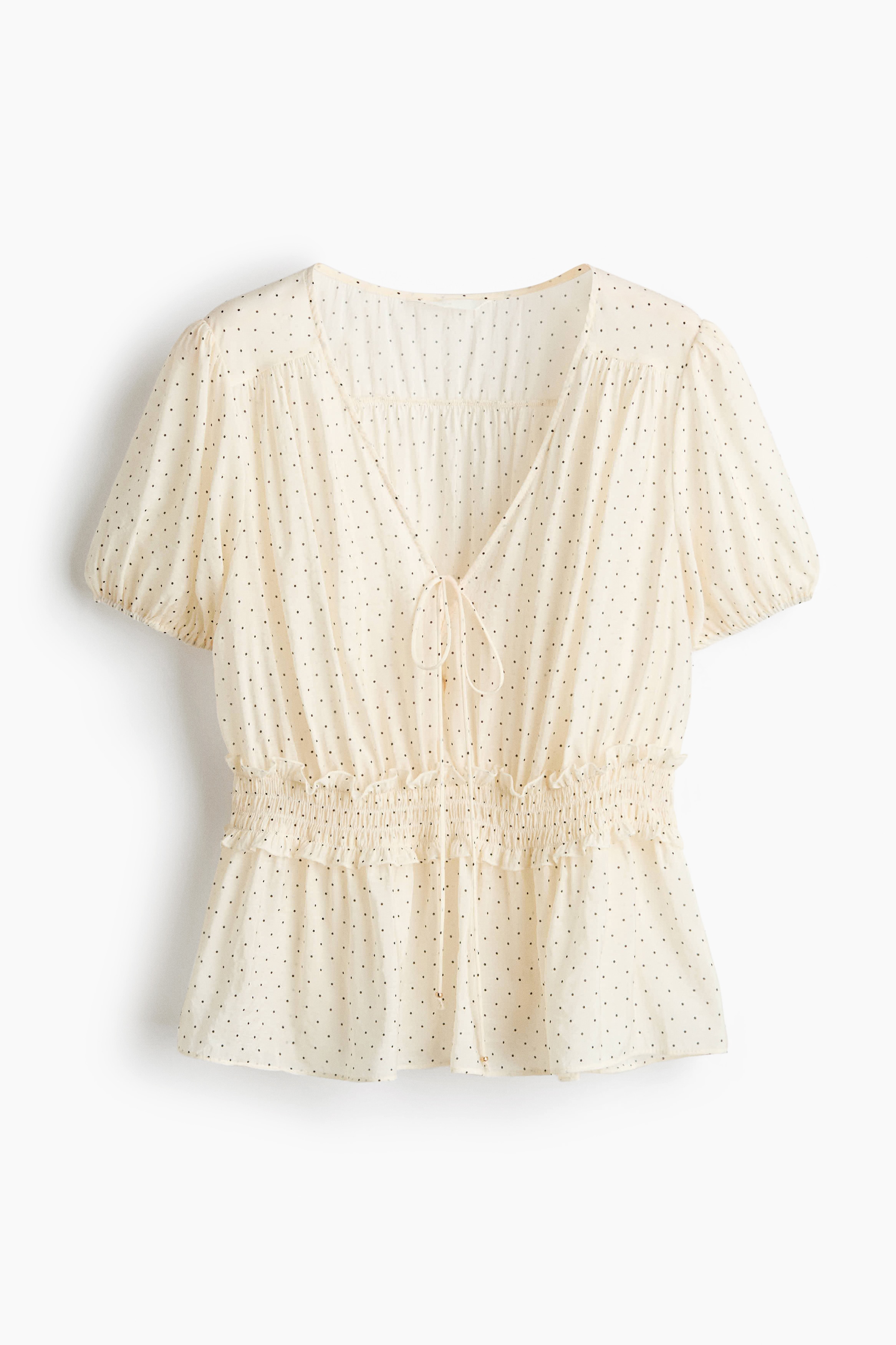 Áo kiểu peplum tay bồng - Màu kem/Chấm bi/Màu hồng nhạt/Màu be nhạt/Hoa