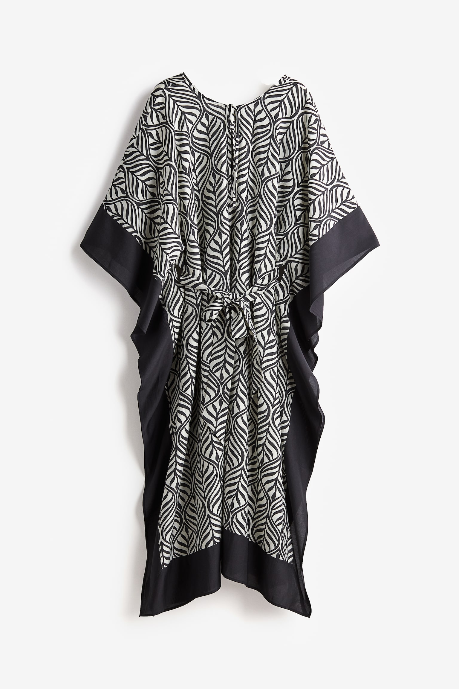 Tie-belt kaftan dress - Black/Leaf-patterned - 2