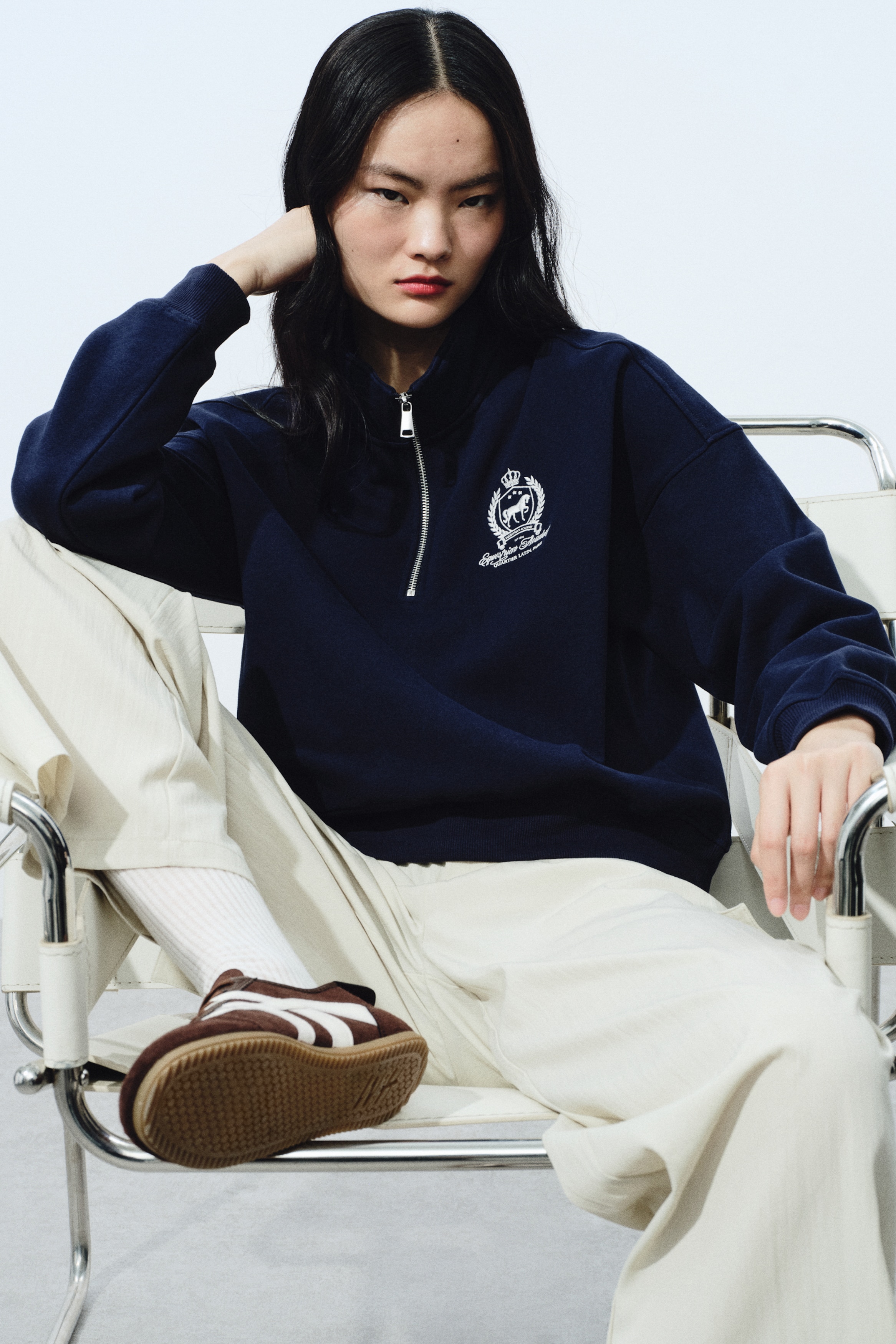 ハーフジップスウェットトップス - ライトグレーメランジ - レディース