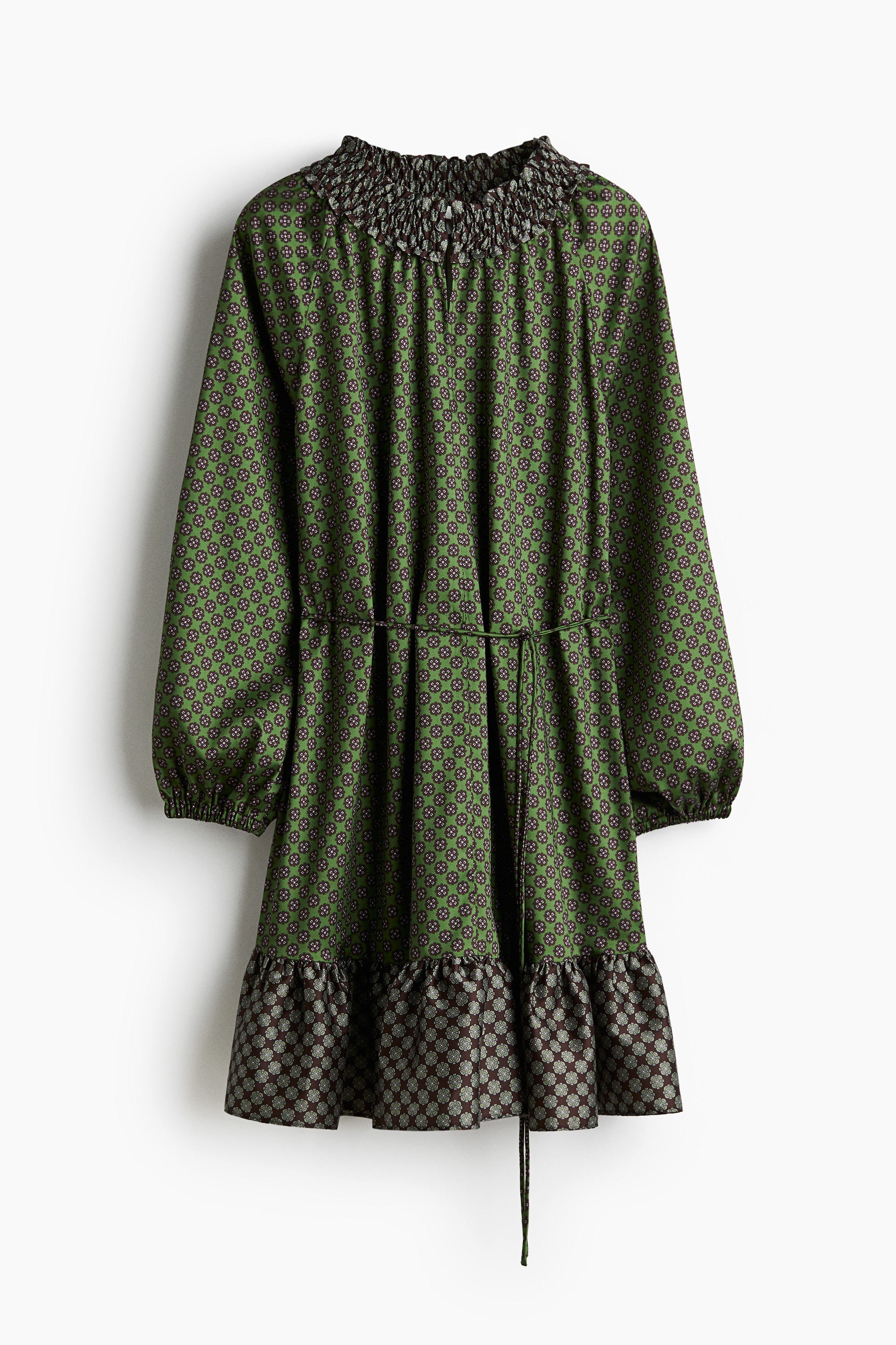 Tie-belt satin dress - Green/Patterned