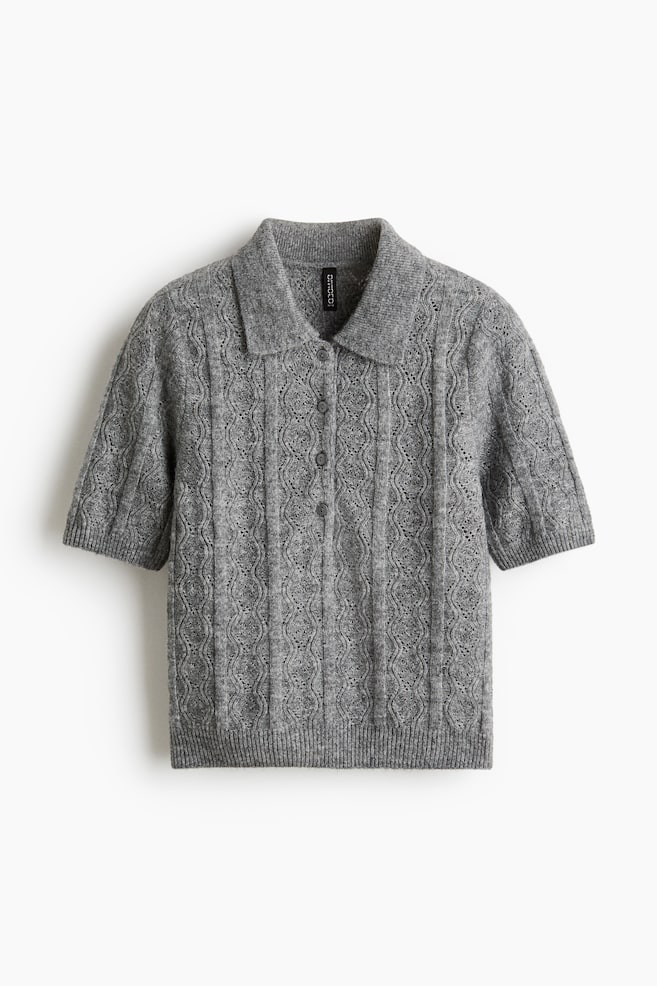 Pointelle-Knit Polo Sweater - Gray melange/Light pink - 1