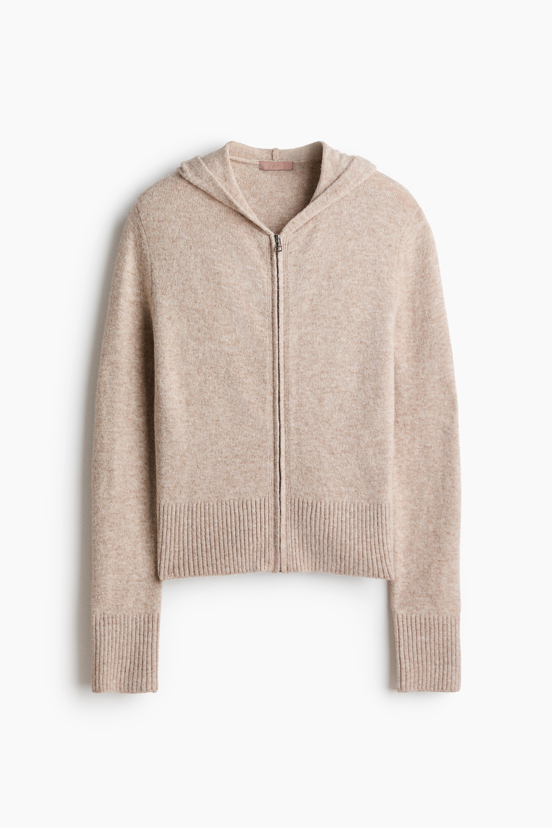 Finstrikket hoodie med lynlås - Lys beigemeleret