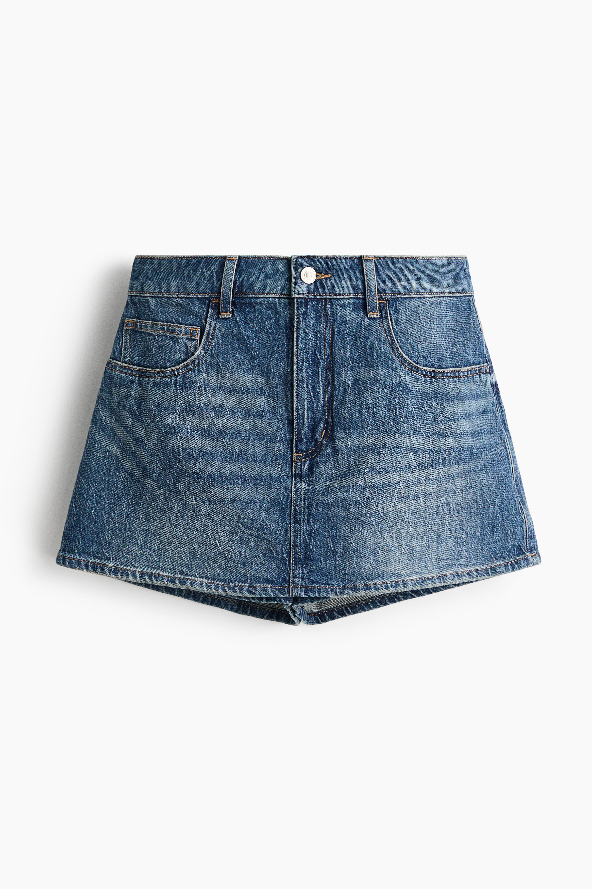 Falda pantalón de talle alto en denim - Azul denim/Crema/Azul denim oscuro