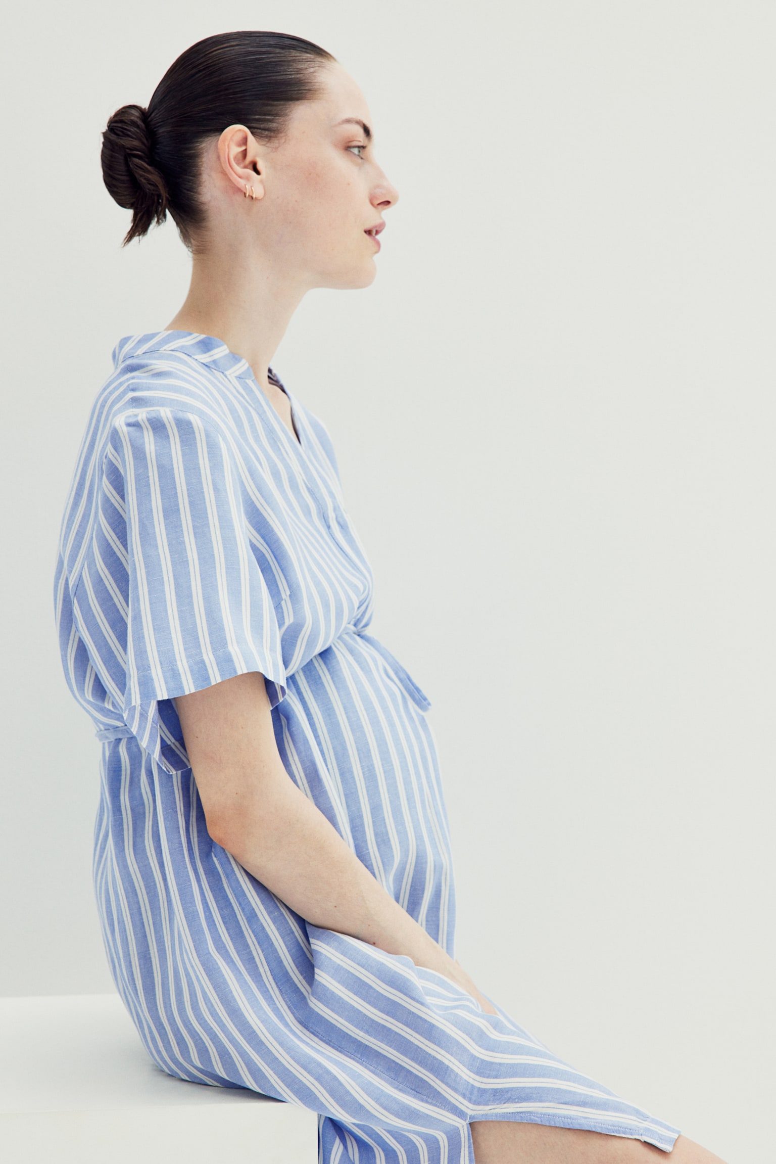 MAMA Linen Blend Tunic Dress - Blue/Stripe/White - 6