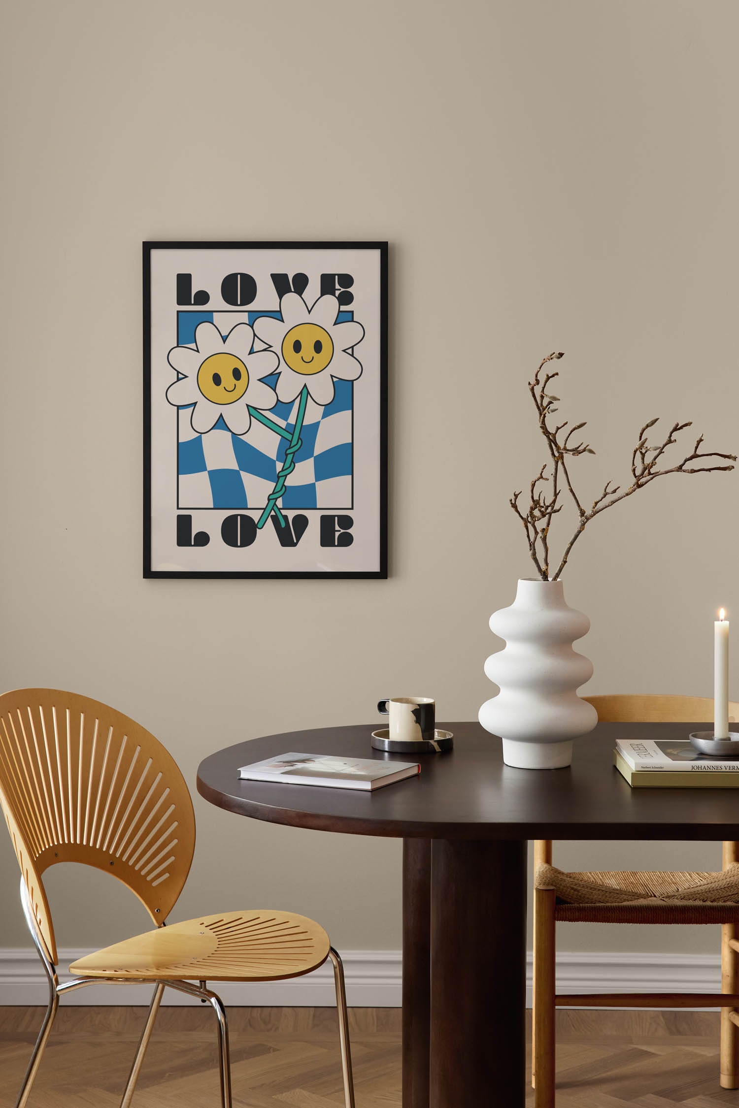 Flower Love Poster - Beige/blue/black/yellow