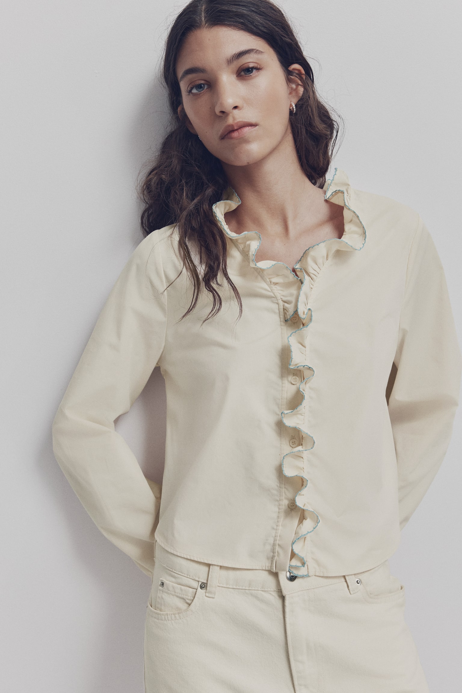 Frill-trimmed cotton poplin blouse - Cream/Light blue - 2