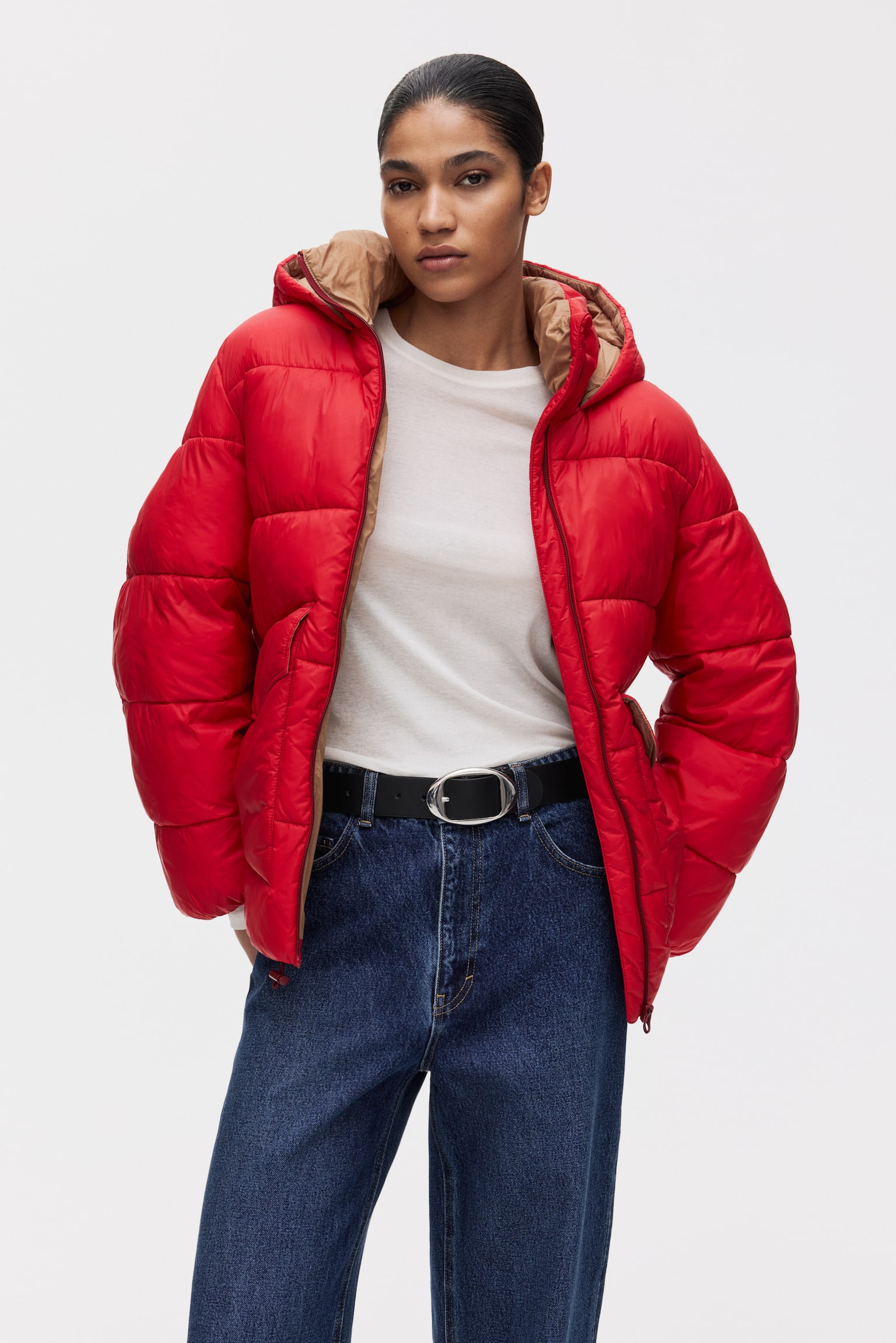 Oversized puffer jacket - Red/Dark dusty green - 7