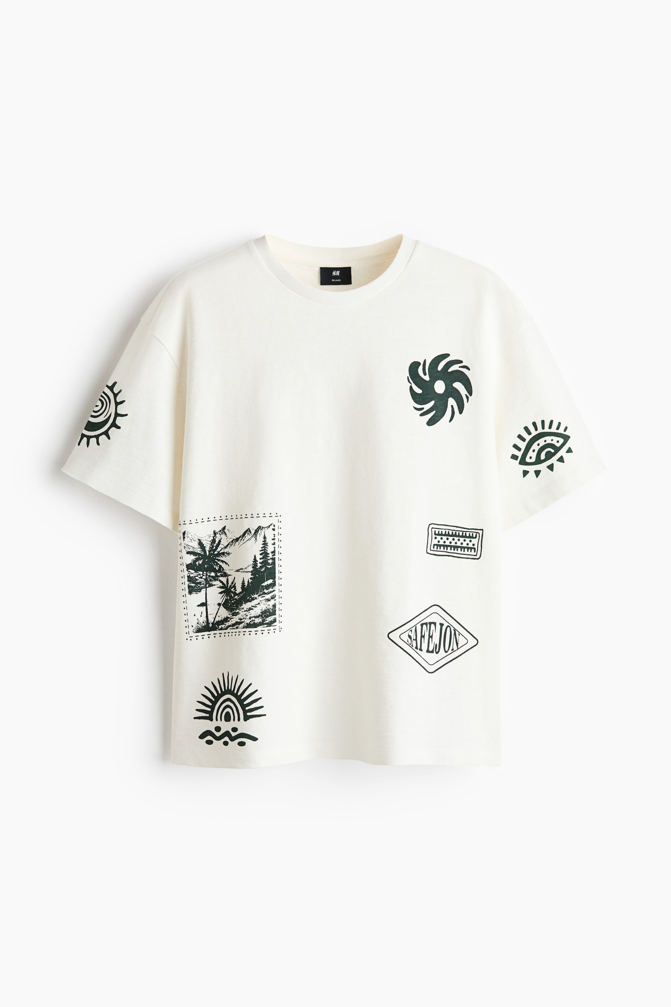 View larger image: A front-facing t-shirt in off-white heavyweight cotton jersey features a relaxed fit with dropped shoulders, a round, rib-trimmed neckline, and a straight-cut hem. The front and sleeves are adorned with various print motifs, including abstract shapes, a landscape image, and text.