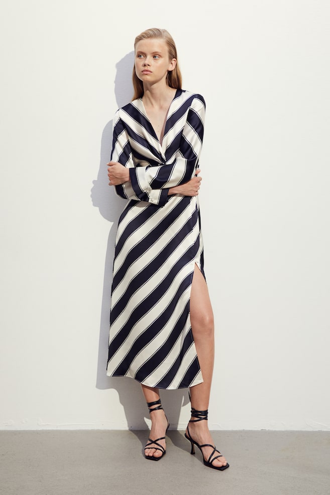 Twist-detail satin dress - Cream/Black striped - 5