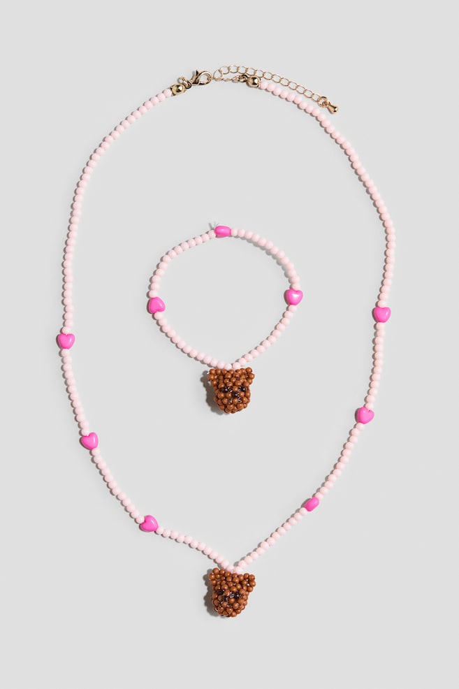 2-Piece Beaded Jewelry Set - Pale pink/teddy bears - 1
