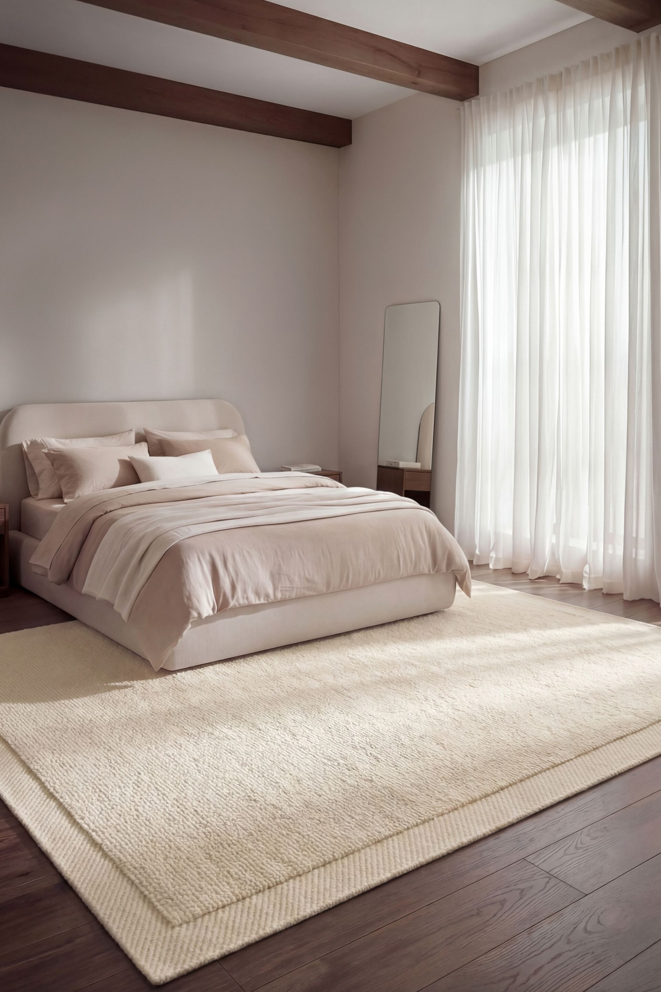 Ver imagen más grande: Una cama tapizada en beige claro presenta un cabecero redondeado y un marco de plataforma. La cama está vestida con almohadas en tono topo claro, una almohada rectangular blanca, un edredón a juego y una manta de color beige más claro, colocada sobre el pie de la cama.
