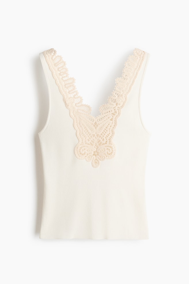 Top in maglia fine con bordo in pizzo - Bianco/crema - 1
