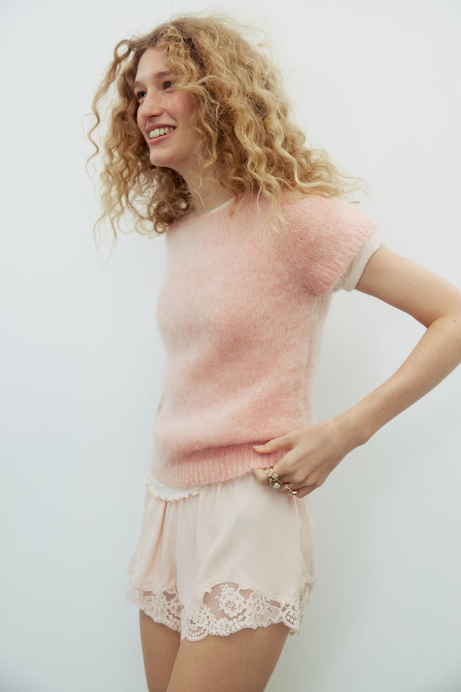 Top en mezcla de mohair - Rosa empolvado/Gris claro jaspeado - 4