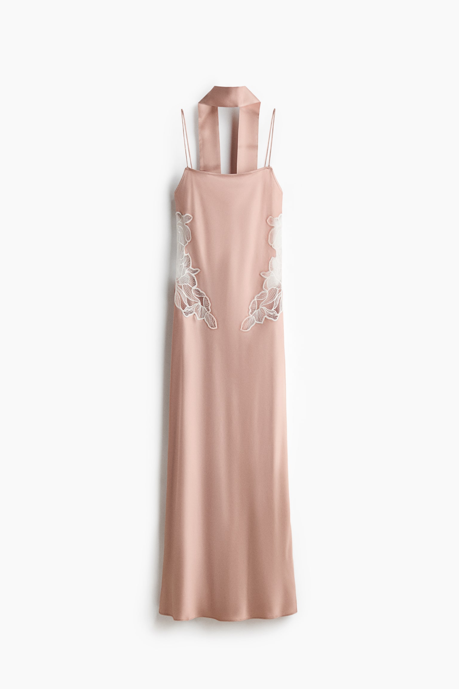 Lace-Detail Satin Dress with Scarf - Dusty beige/white/Pale yellow - 1
