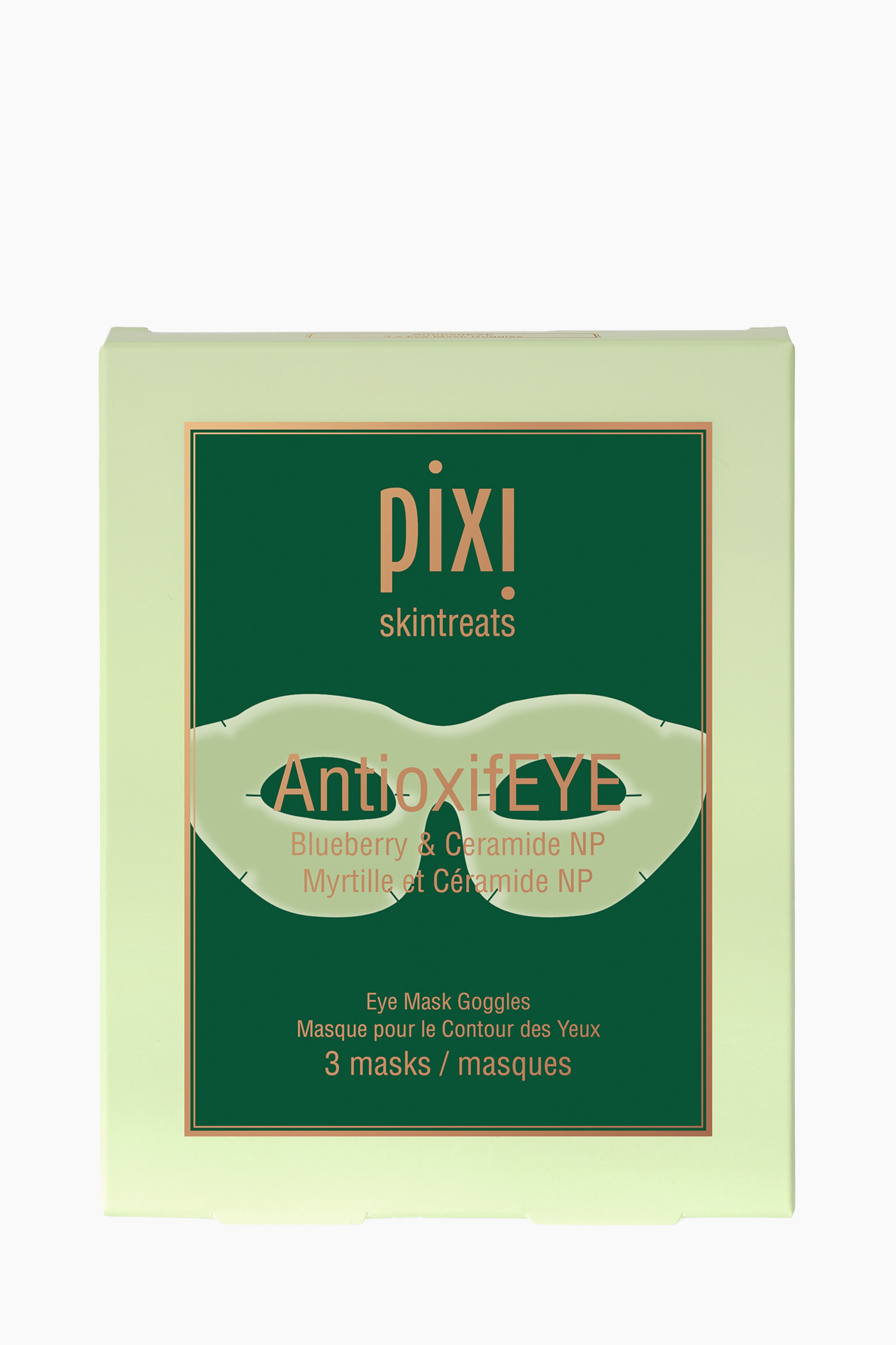 Se større billede: En lysegrøn æske til øjenmasker viser et centralt mørkegrønt rektangulært panel, der er omkranset af en guldkant. Dette panel fremhæver "pixi skintreats", "AntioxifEYE" og en lysegrøn øjenmaskeform, sammen med teksten der specificerer "Blåbær & Ceramide NP" og "3 masker".