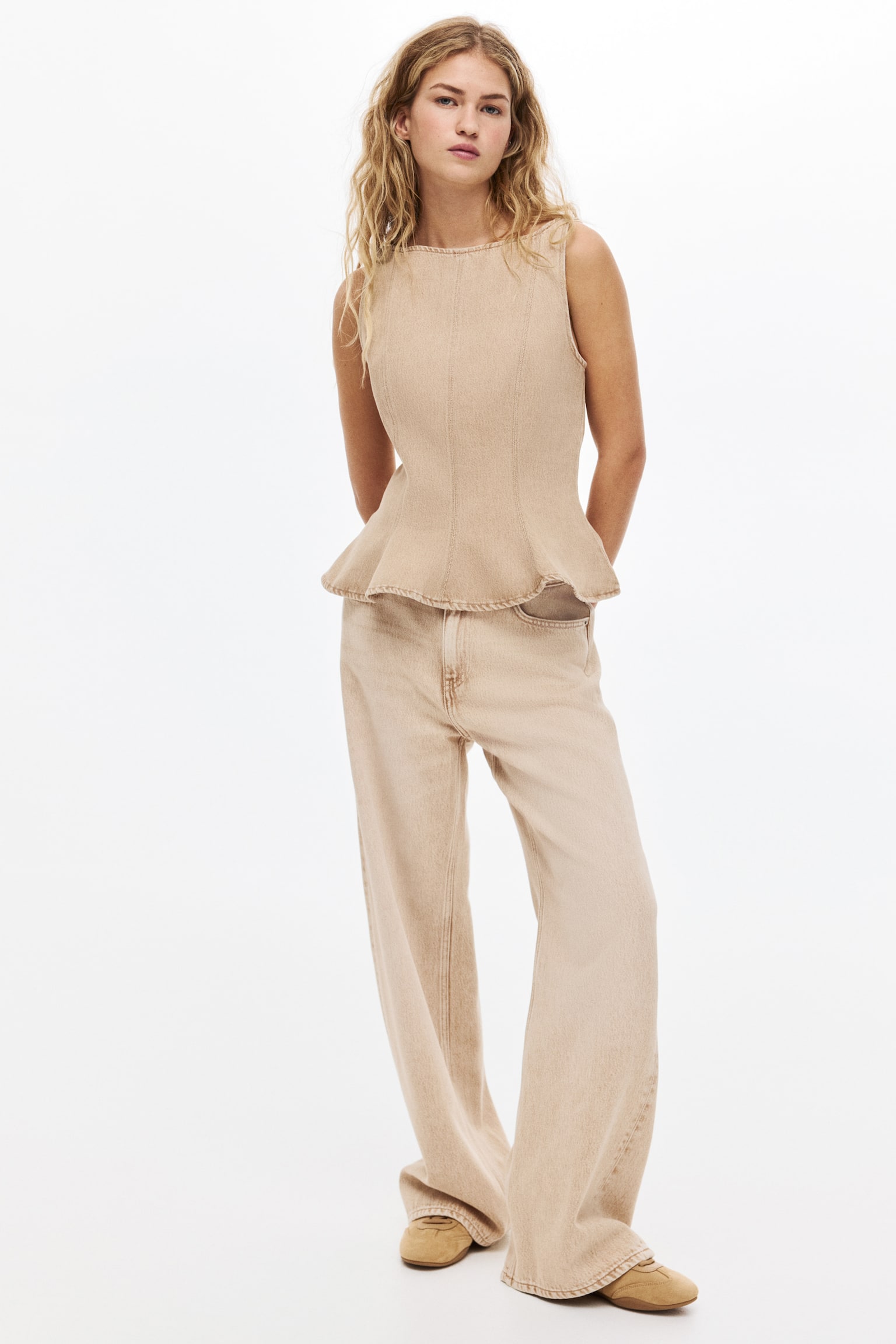 Top péplum en denim - Beige clair/Bleu denim - 4