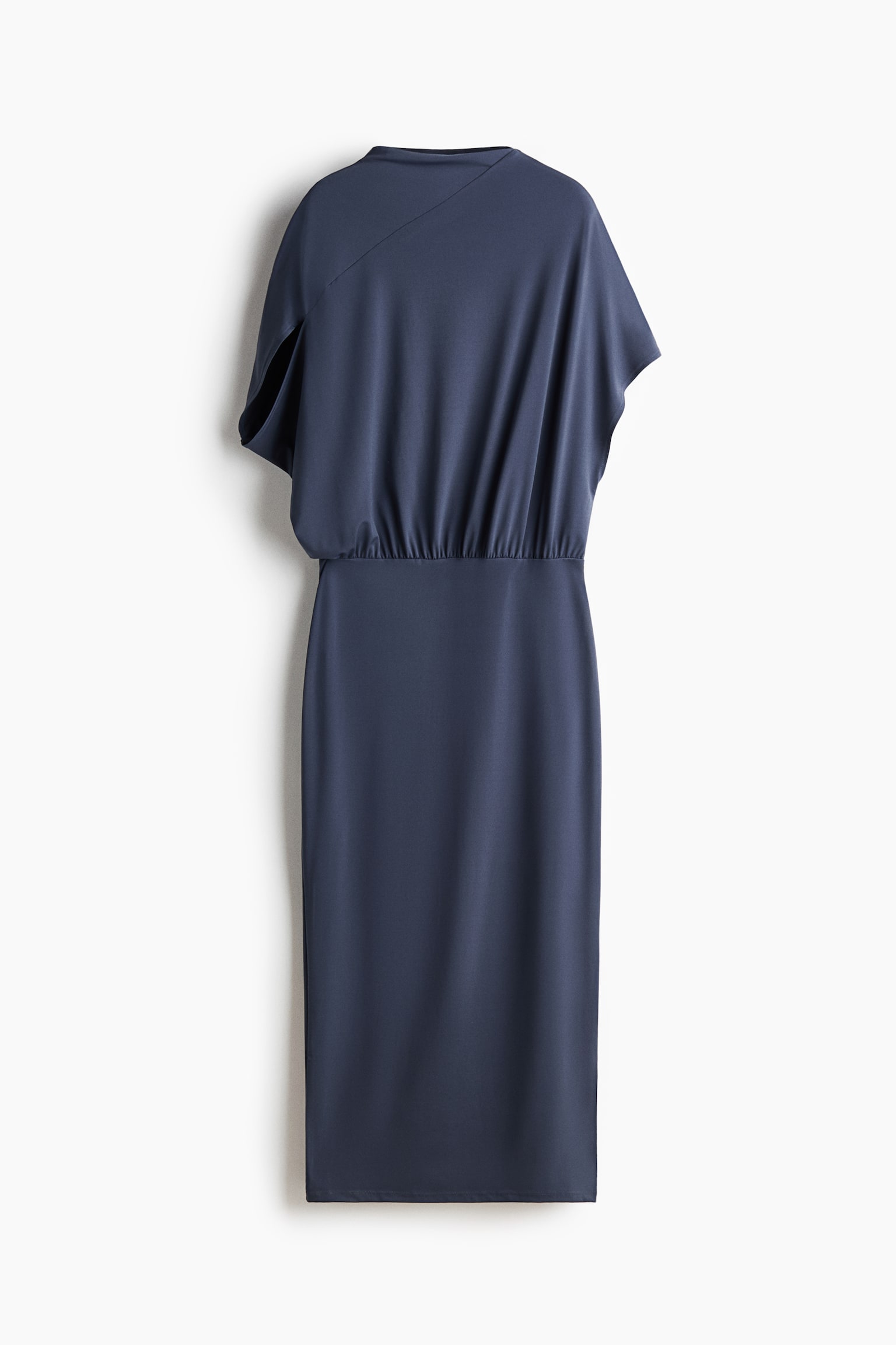 The dark blue dress is shown from the back, featuring loose dolman sleeves and a diagonal seam across the upper back. The waistline is gathered with elastic, and the skirt presents a straight, midi-length silhouette. - 1