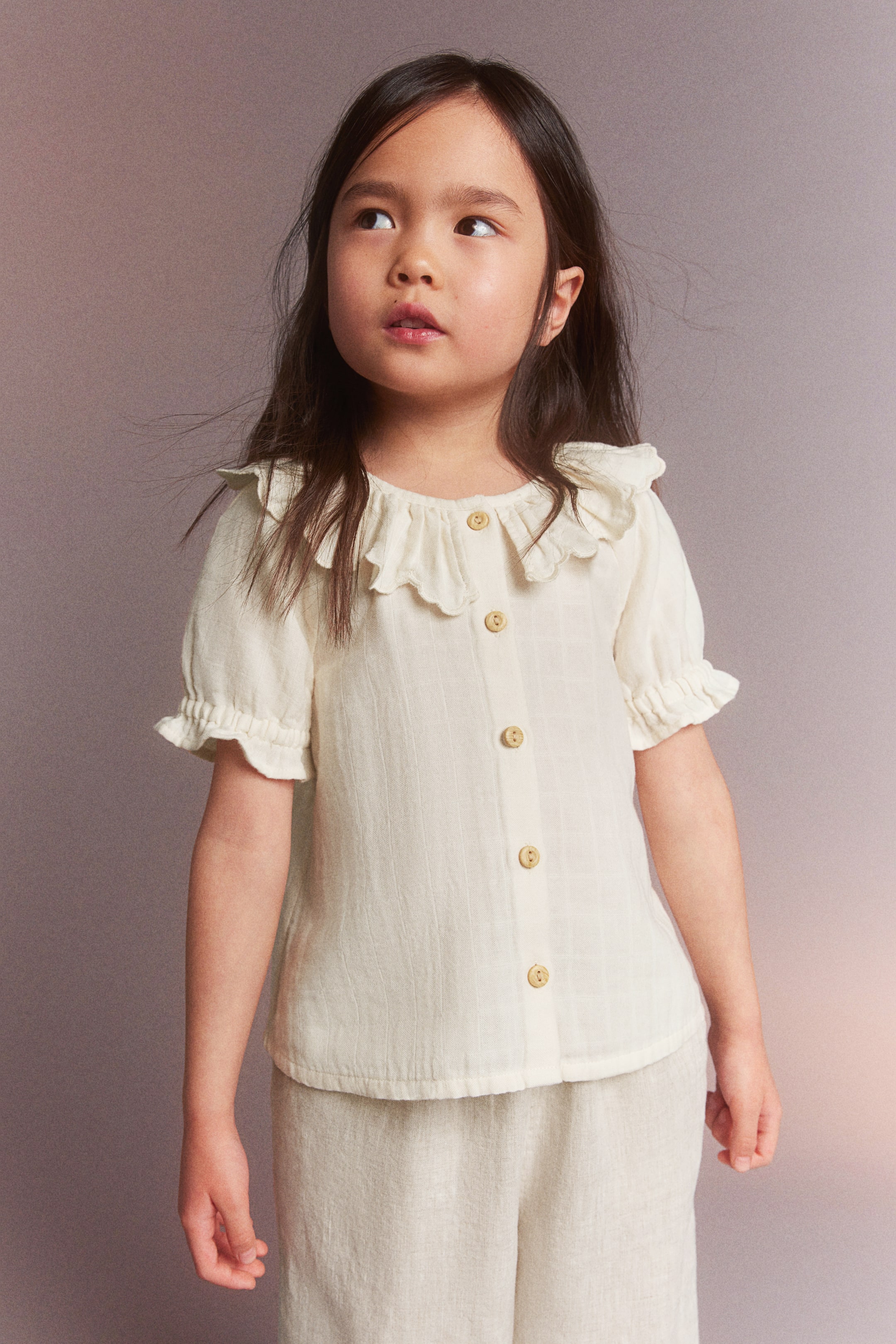 Collared cotton blouse - Short sleeve - Regular length - Cream - Kids