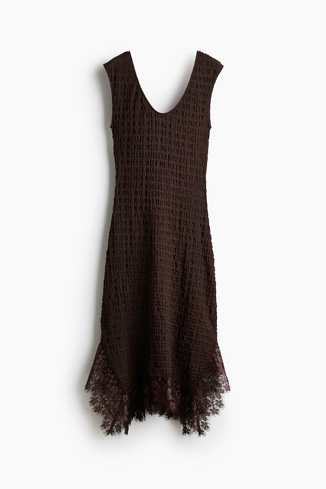Vestido en punto texturizado con ribete de encaje - Marrón oscuro - 1