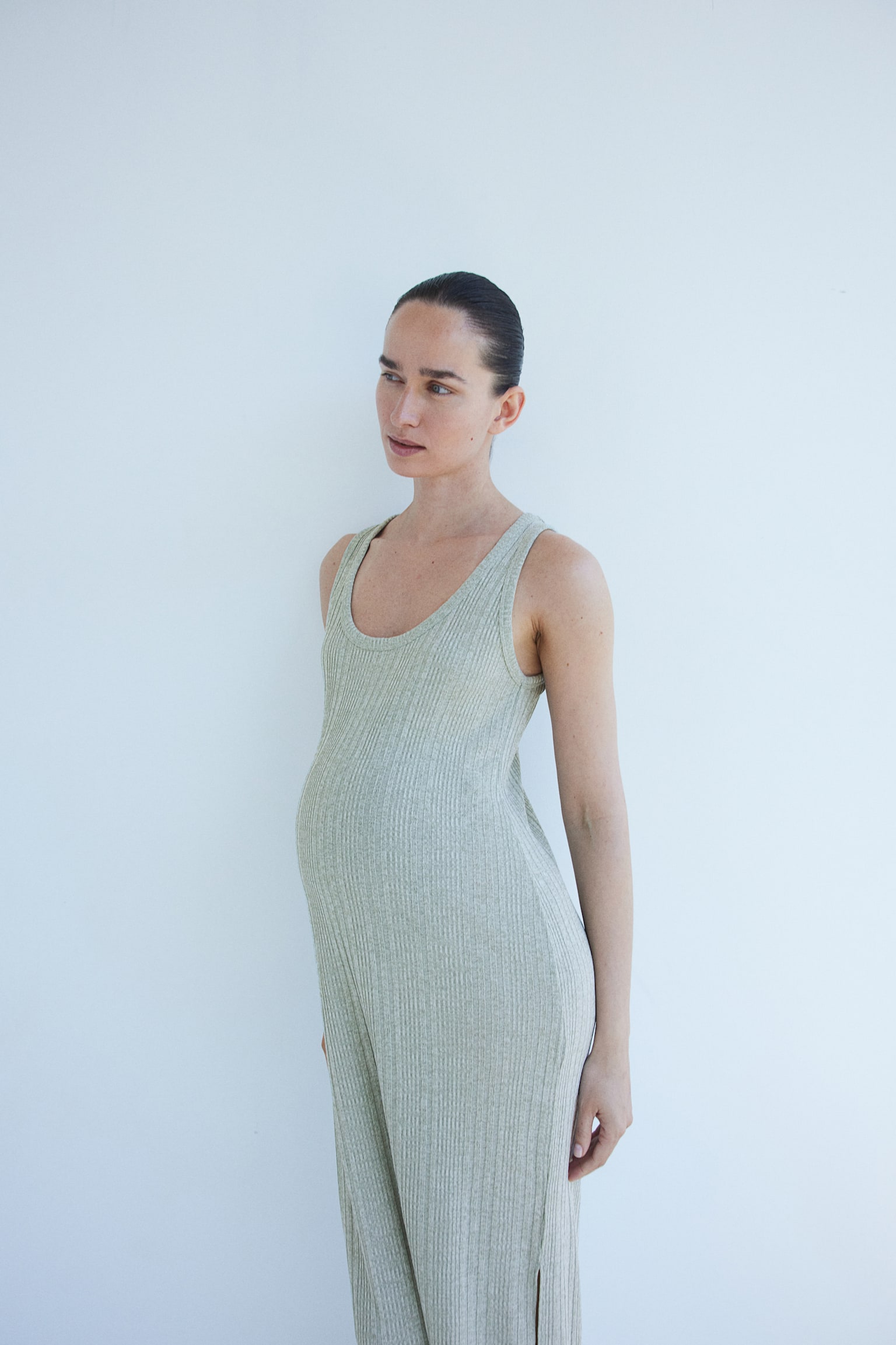 MAMA Rib Knit Dress - Light green marle/Light beige - 6