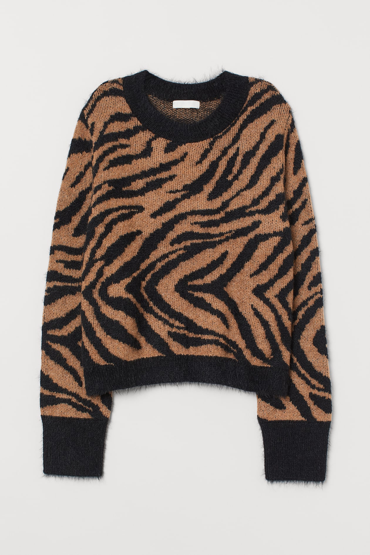 Jacquard-knit Sweater - Round Neck - Long sleeve - Light brown/zebra ...