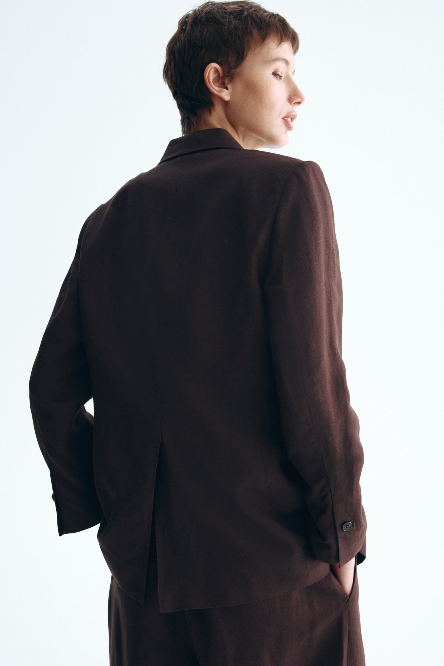 Linen-blend blazer - Dark brown/White/Light beige - 4