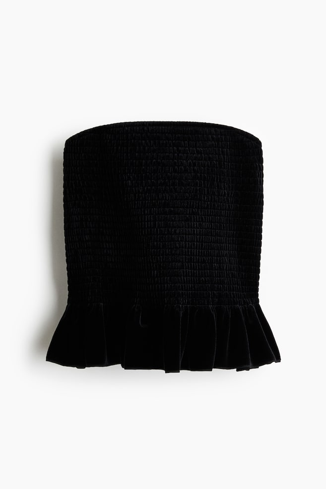 Smocked Velour Bandeau Top - Black - 1