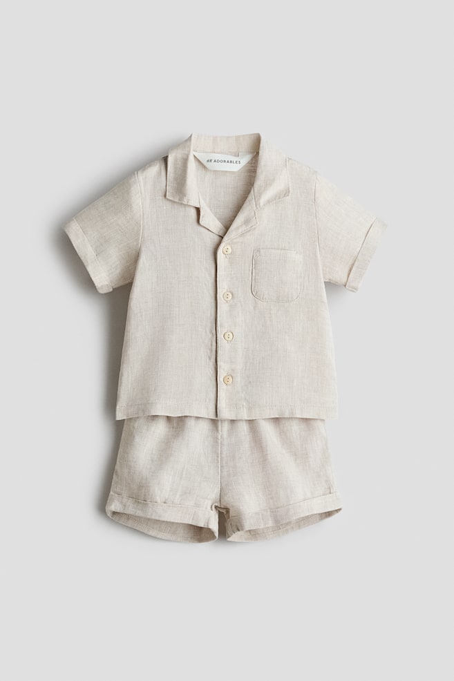 2-piece linen set - Light beige/Brown/Light khaki green - 1
