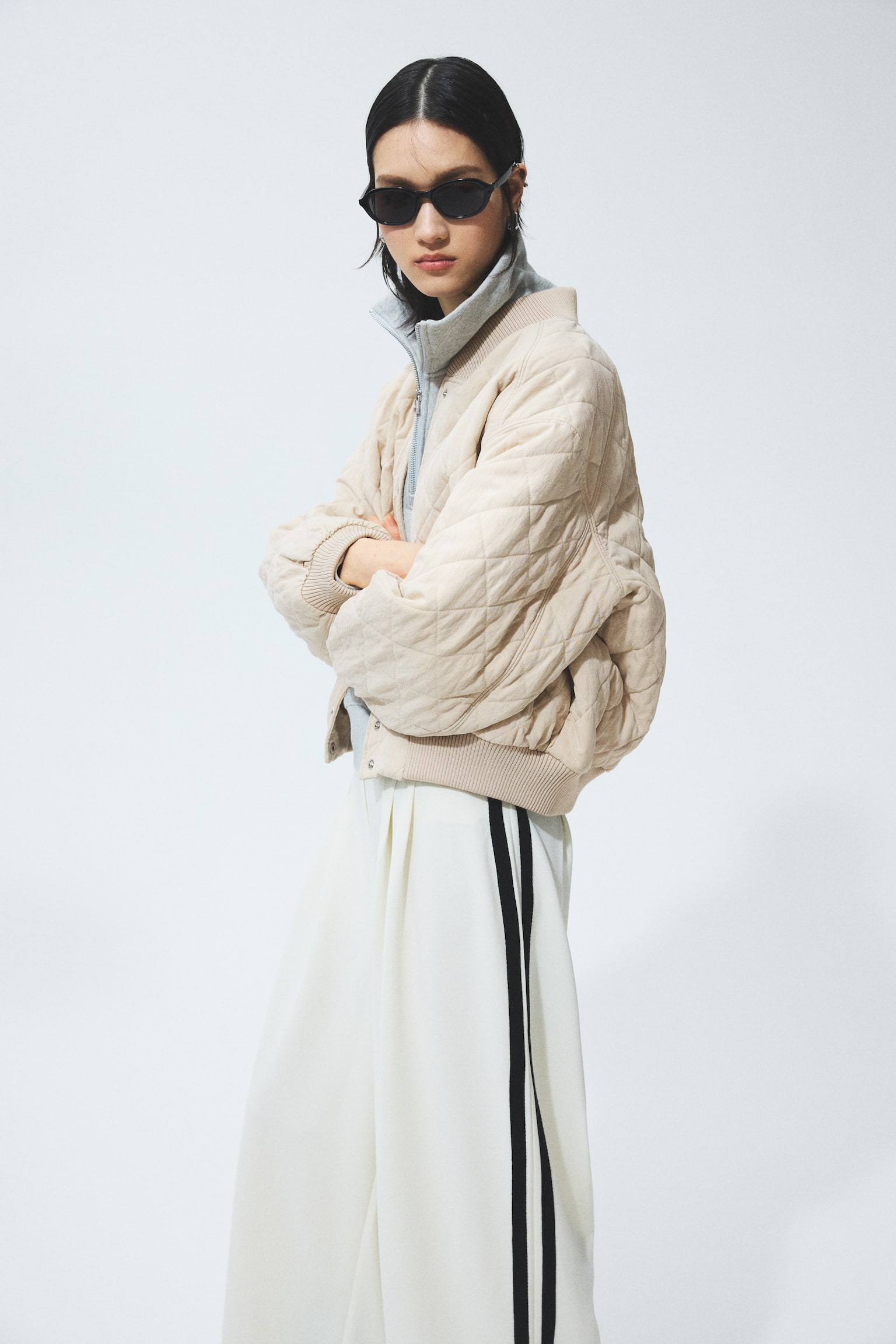 Quilted bomber jacket-Beige - 4