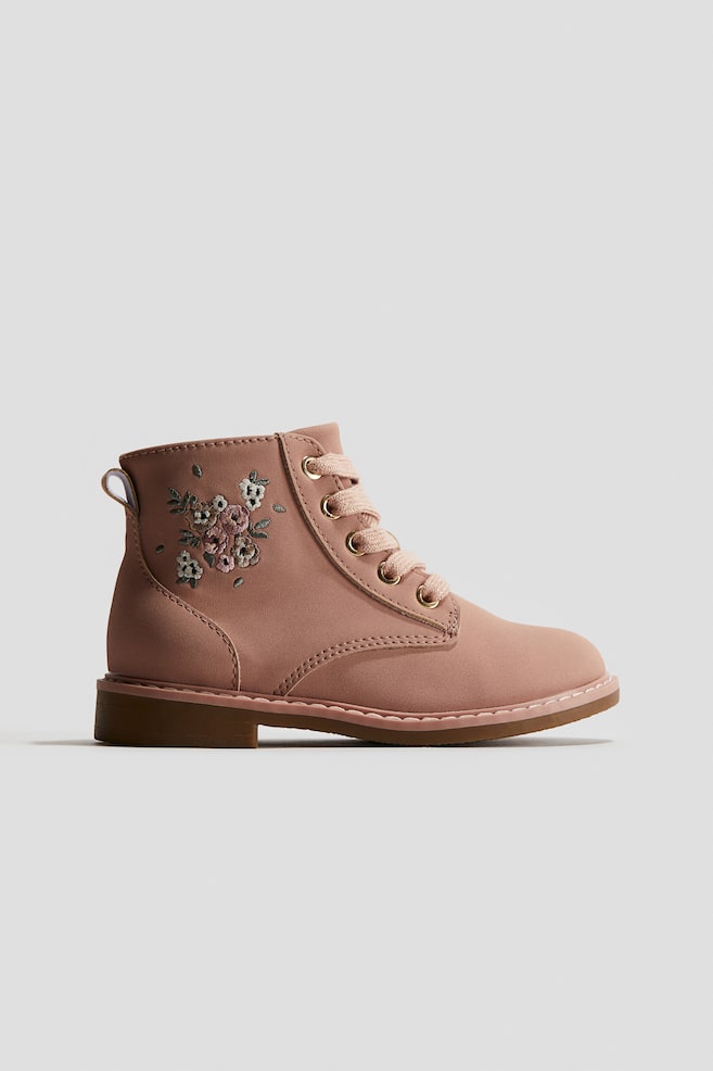 Embroidered-Detail Lace-Up Boots - Dusty pink/flowers - 1